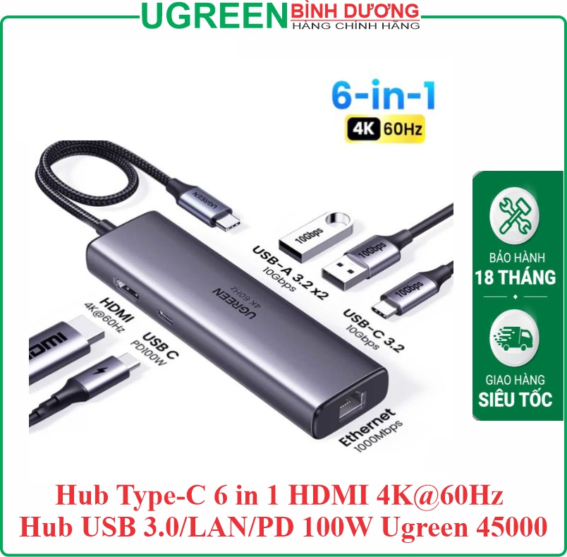 Hub chuyển đổi Type-C To HDMI + Lan 1Gb + USB 3.0 + Type-C 3.2 + PD 100W (6-in-1) 4K@60hz Ugreen (45000)