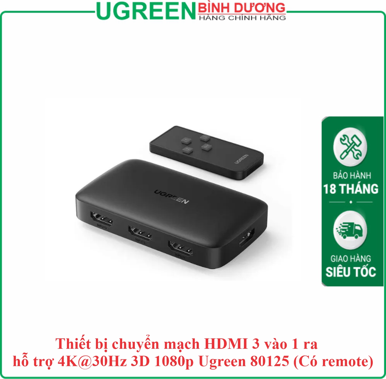 Bộ gộp HDMI 4K 30Hz 3x1 3 vào 1 ra màu đen Ugreen (80125)