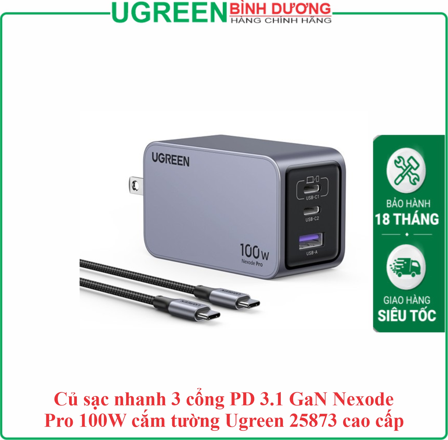 Củ Sạc nhanh điện thoại & Laptop 2 cổng Type-C và 1 USB Nexode công nghệ GaN 100W Ugreen (25873)