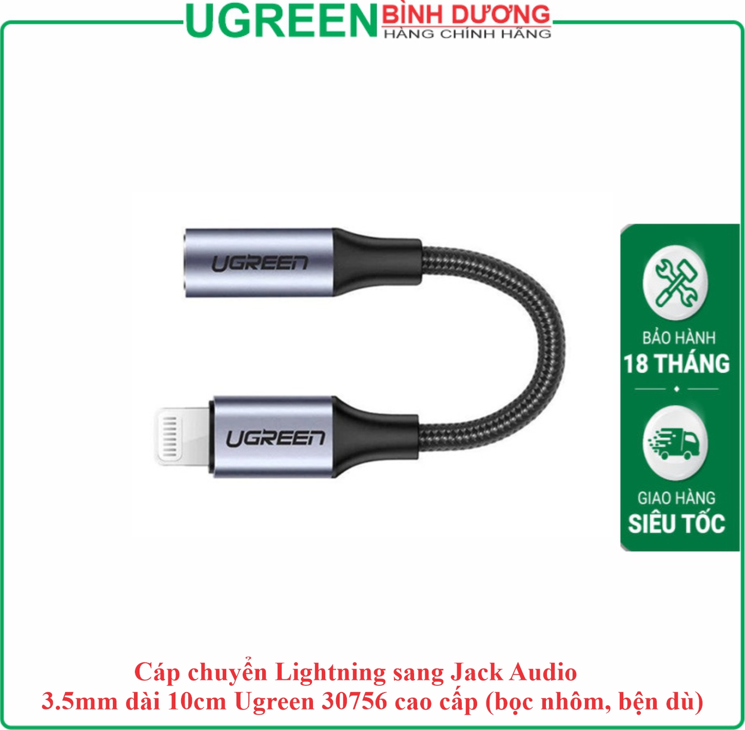 Đầu chuyển Lightning To Audio 3.5 (Đầu Âm Iphone To Audio 3.5) Dài 10Cm Ugreen (30756)