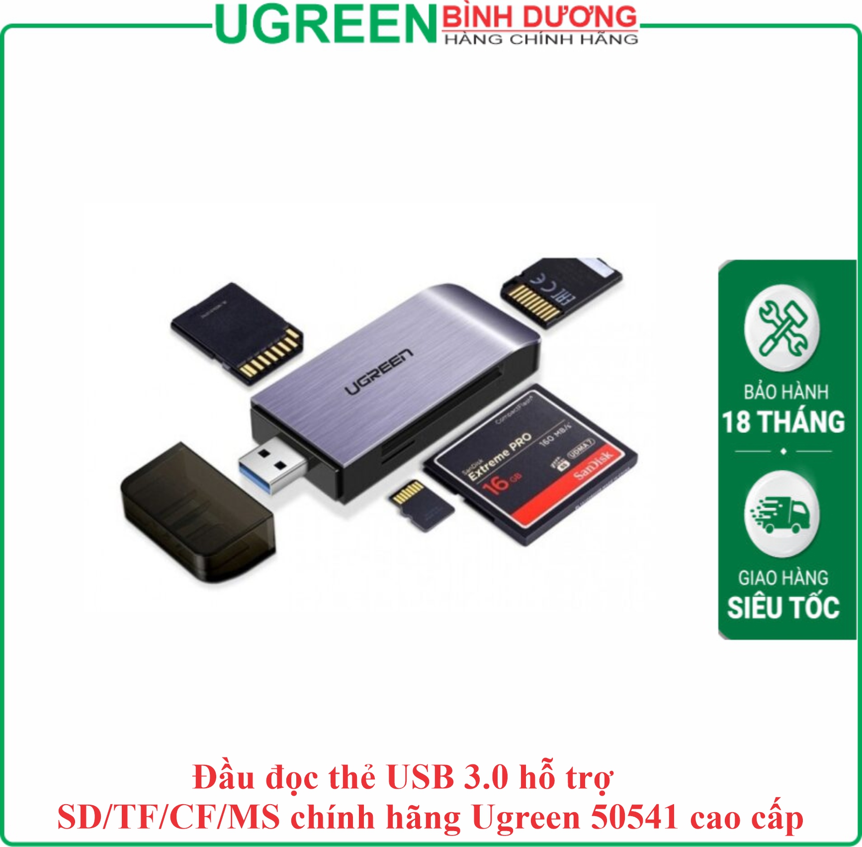 Đầu đọc thẻ USB 3.0 hỗ trợ thẻ TF,SD,CF,MS màu xám Ugreen ( 50541)