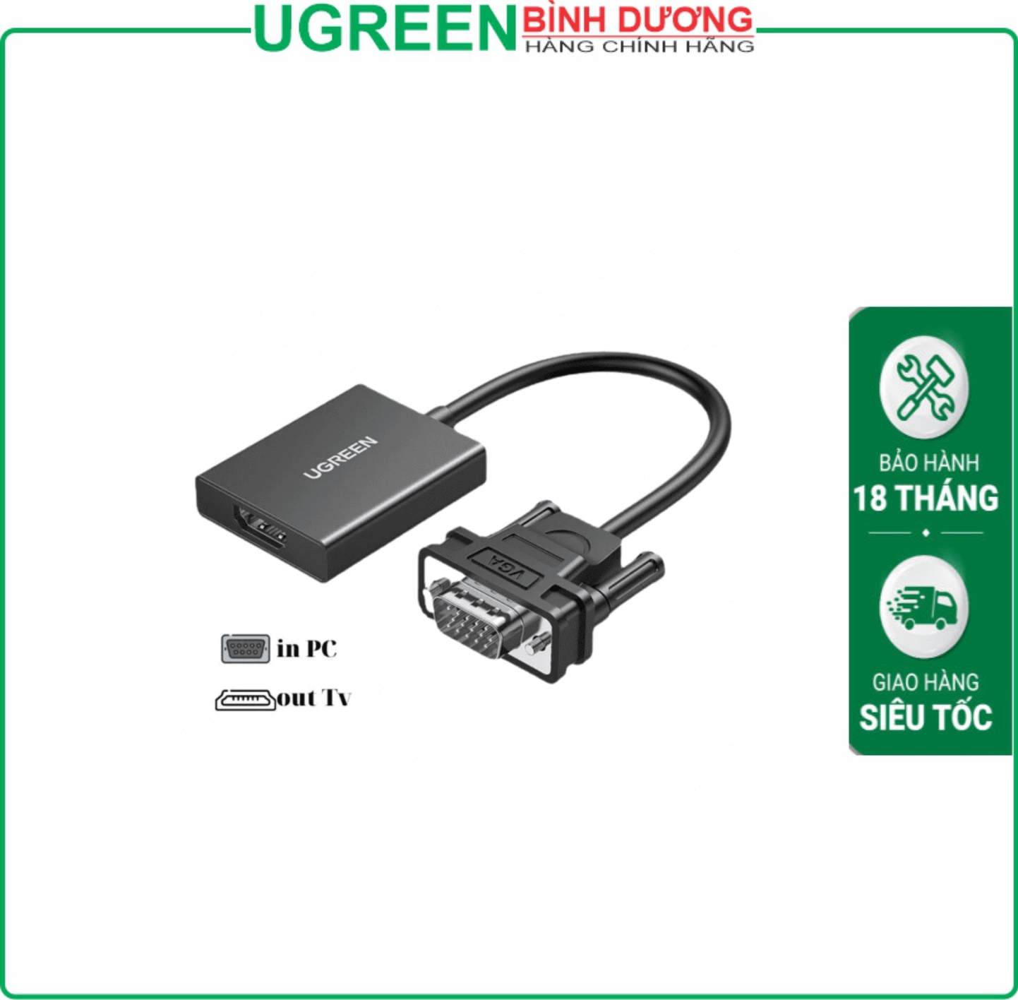 Đầu chuyển đổi VGA To HDMI + Audio dài 25cm Ugreen (50945)