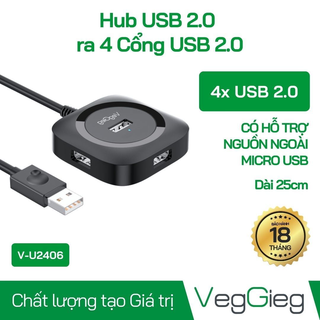 Hub USB 2.0 1 Ra 4 Cổng USB 2.0 Dài 1m V-U2406 Veggieg