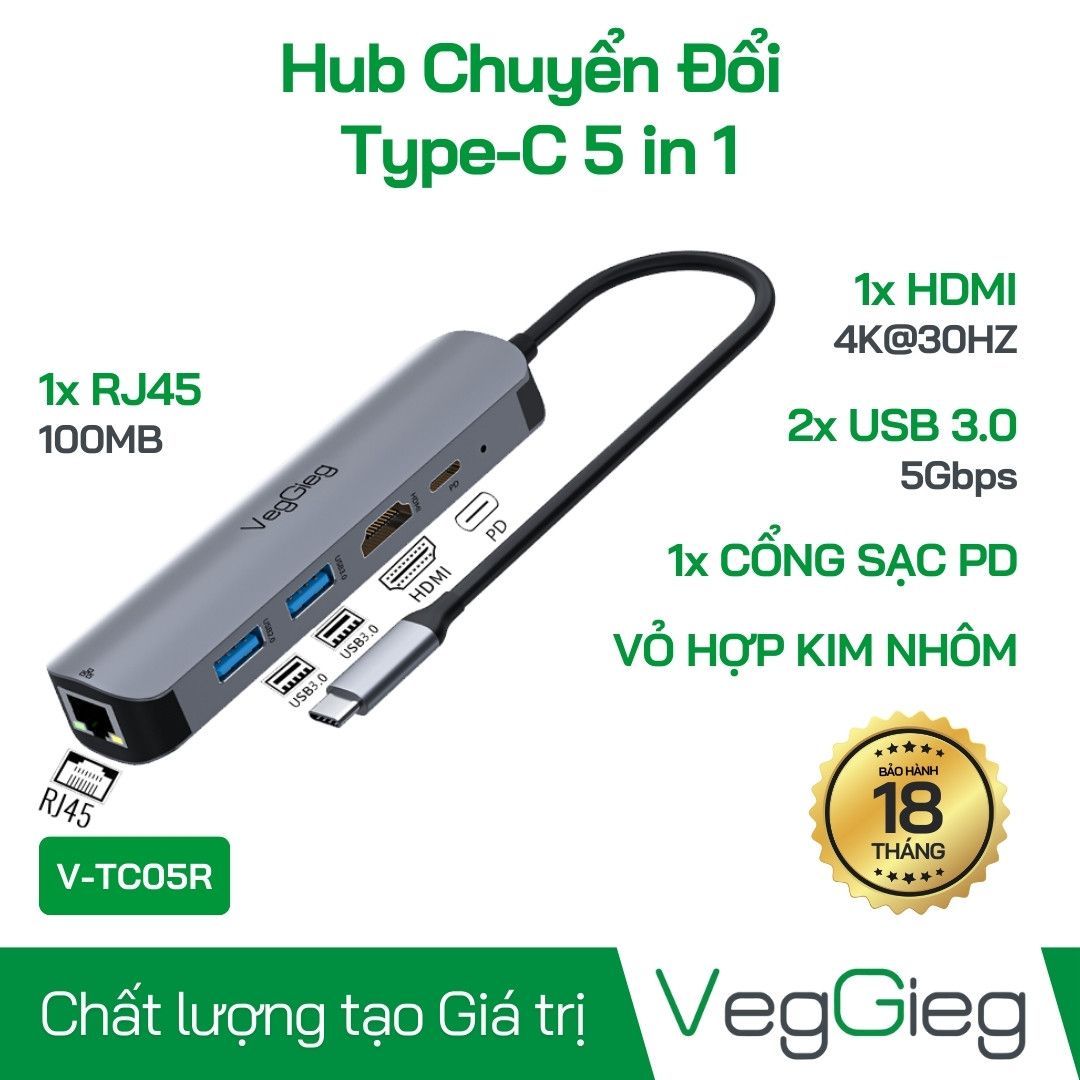 Hub chuyển đổi Type-C To HDMI/ 2 USB 3.0/ Lan 100Mb/Type-C (5 in 1) - V-TC05R VegGieg