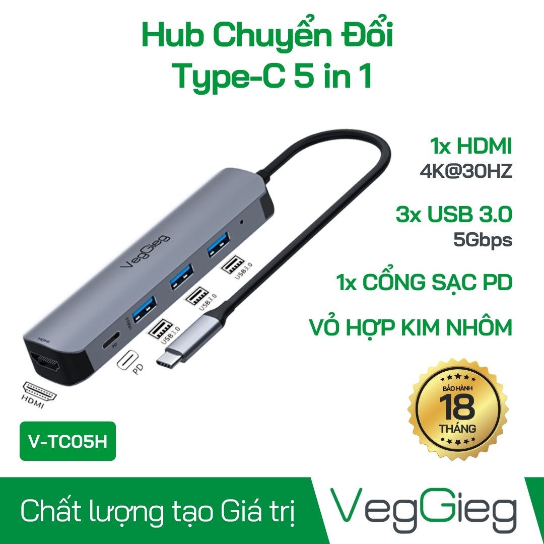 Hub chuyển đổi Type-C To HDMI/ 3 USB 3.0/ Type-C (5 in 1) - V-TC05H VegGieg