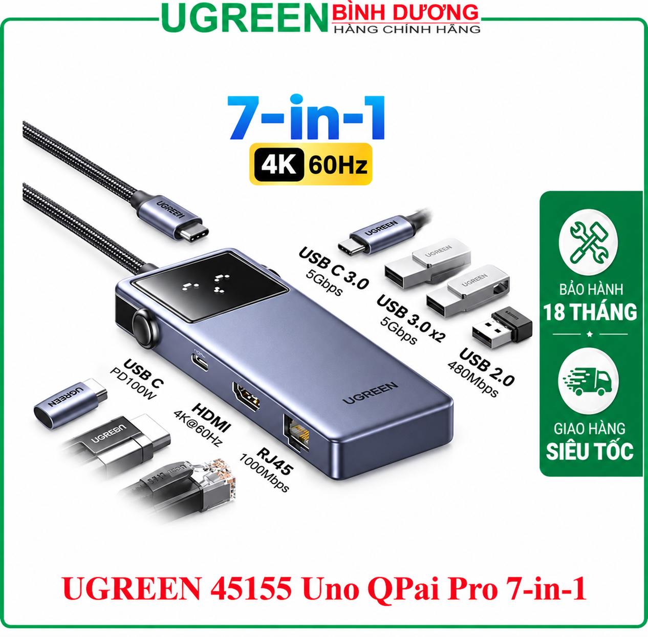 Hub chuyển đổi Type-C To HDMI + Lan 1Gb + USB 3.0 + Type-C + PD 100W (7-in-1) 4K/60Hz Ugreen (45155)
