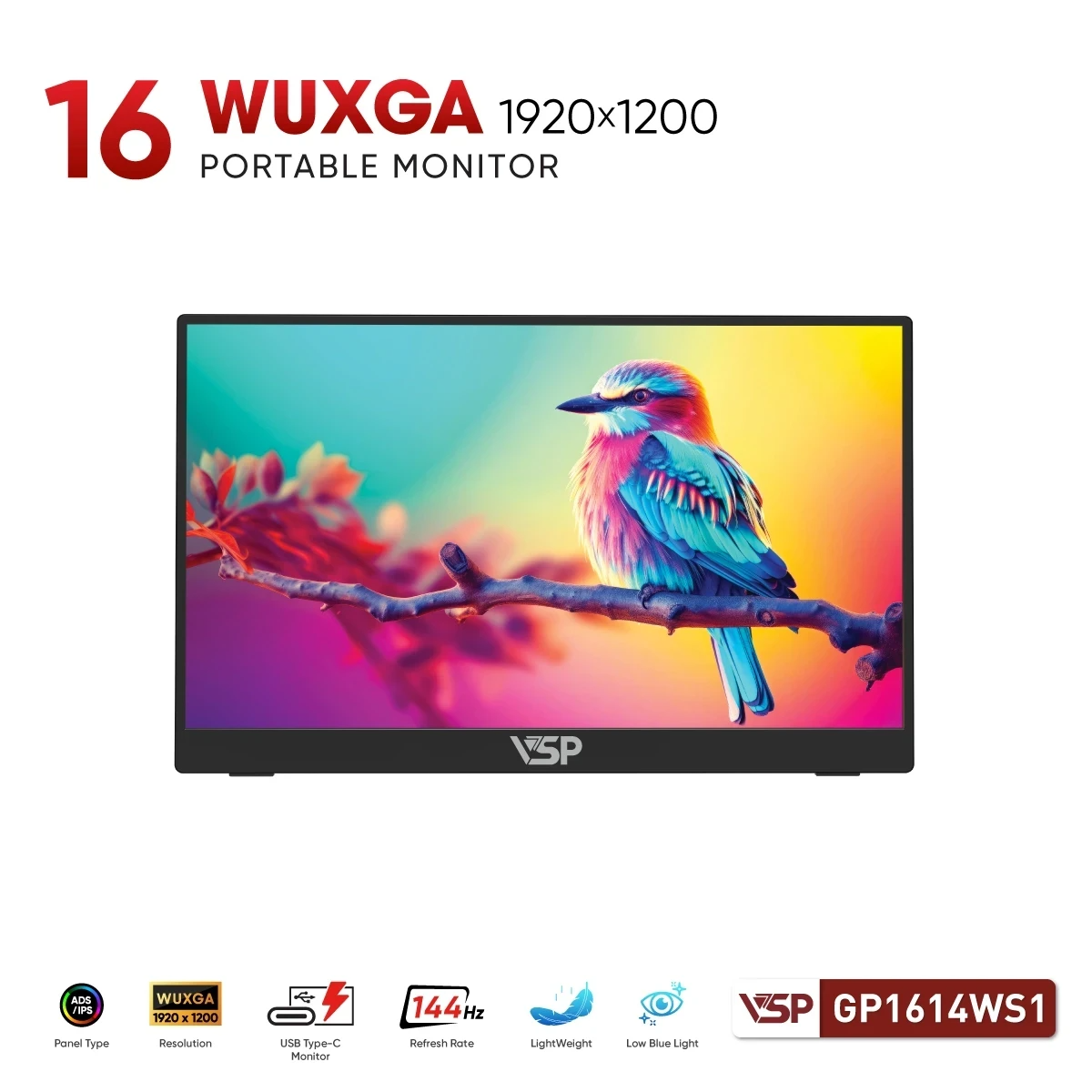 Màn Hình Di Động VSP GP1614WS1 16 inch - IPS - FHD - 144Hz - 1ms Không Cảm Ứng ( USB C - HDMI ) Tích Hợp Loa Bảo Hành 24 Tháng