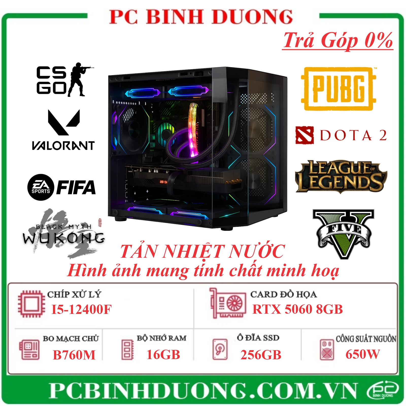 PC Gaming Artoria Pendragon B760M/I5-12400F/16GB/256GB/RTX5060-8GB/650W TẢN NHIỆT NƯỚC