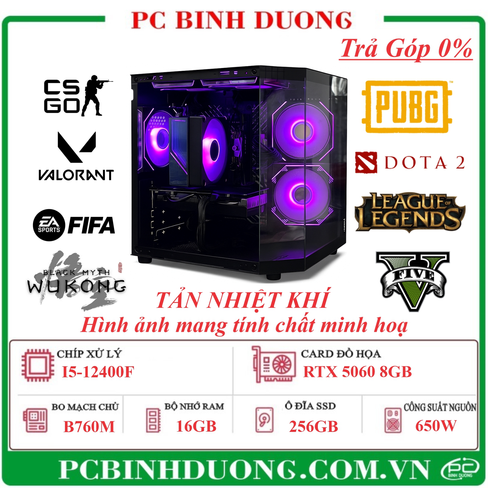 PC Gaming Saber B760M/I5-12400F/16GB/256GB/RTX5060-12GB/650W TẢN NHIỆT KHÍ
