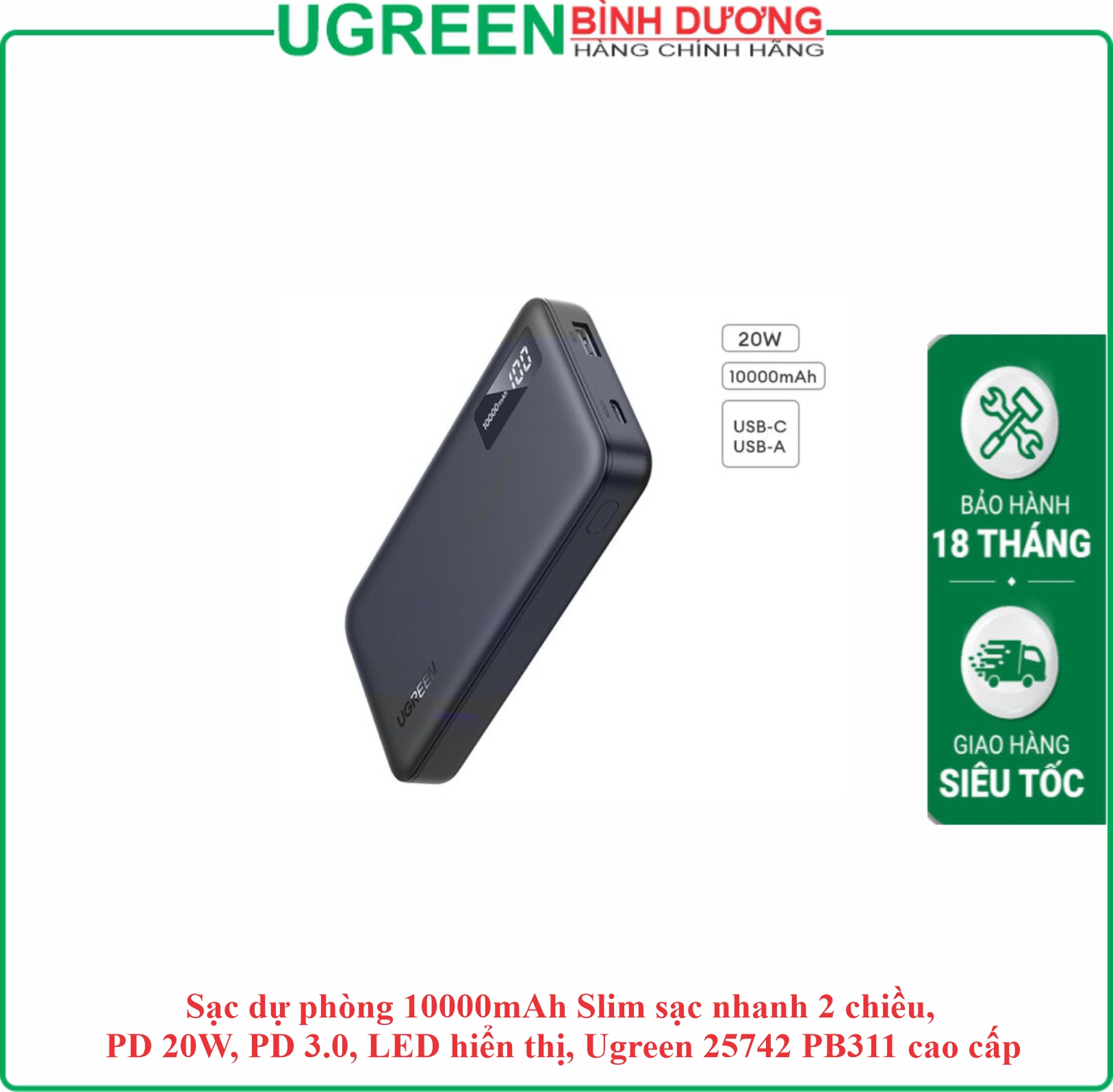 Pin sạc dự phòng 10.000mAh 20w 2 Cổng Sạc nhanh 2 chiều (1 USB/1 Type-C) màu xám Ugreen (25742)