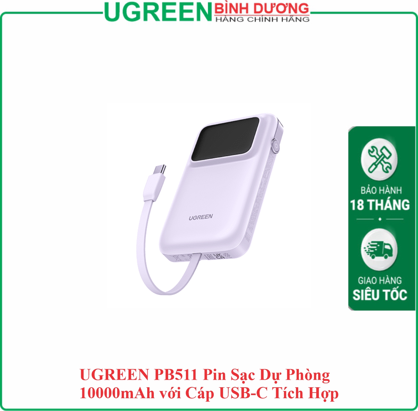 Pin sạc dự phòng 10.000mAh sạc nhanh 30W 3 cổng (1 Usb/1 Type-C/1 Cáp Type-C Liền pin) màu tím Ugreen Uno (35604B)