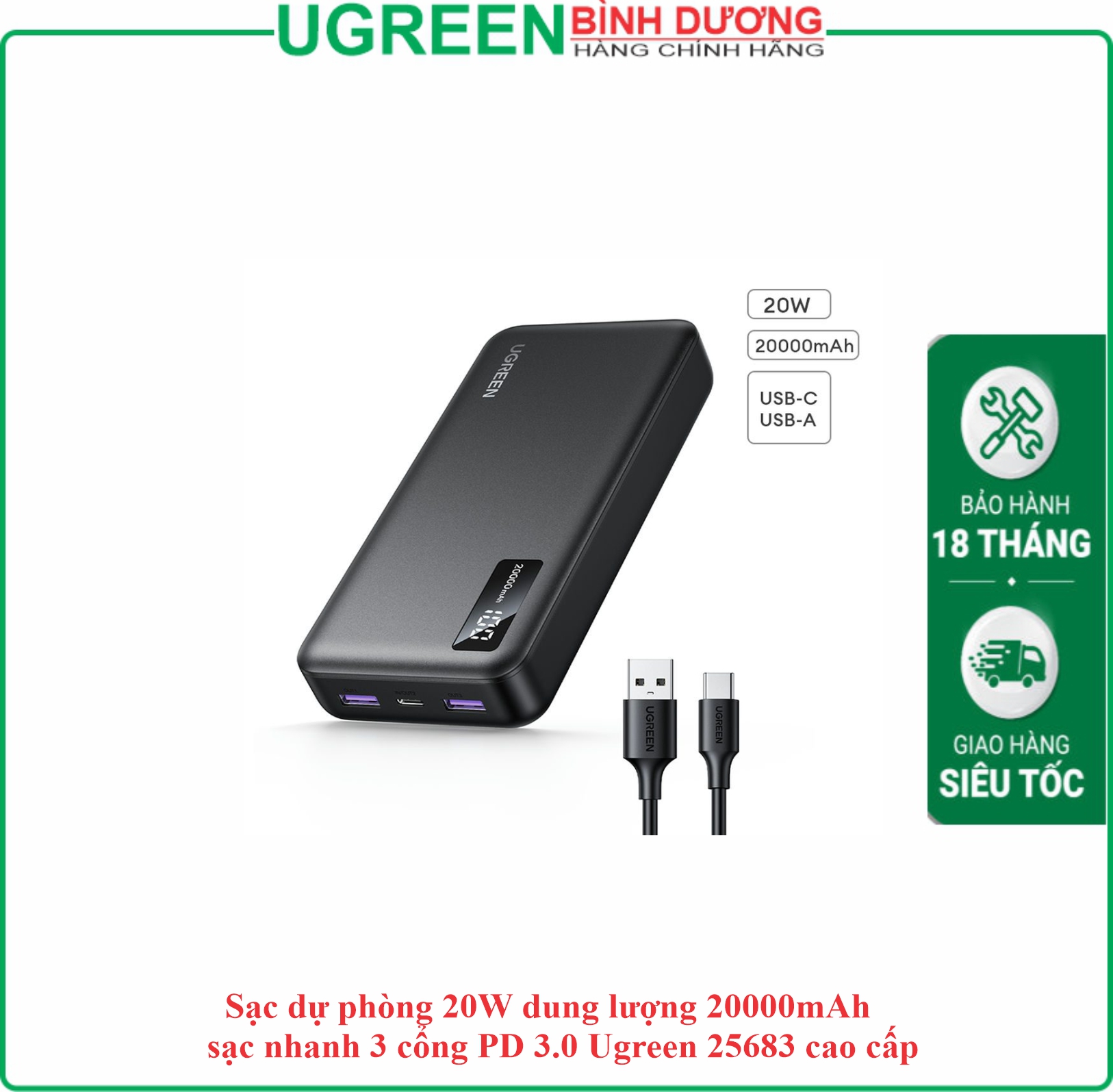 Pin sạc dự phòng 20.000mAh 20w 3 Cổng Sạc nhanh 2 chiều (2 USB/1 Type-C) màu xám Ugreen (25683)