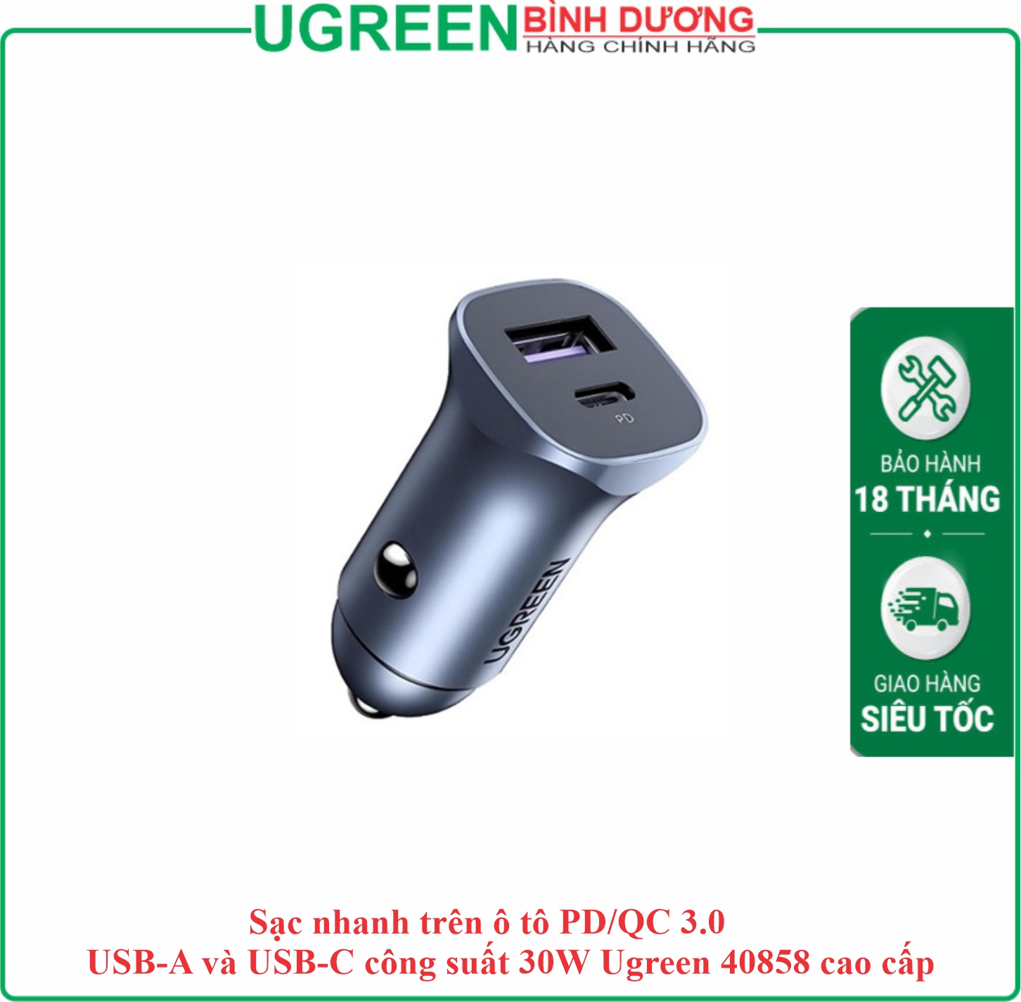 Tẩu Sạc xe hơi 1 Cổng USB & 1 Cổng Type-C Sạc nhanh 30W Ugreen (40858)