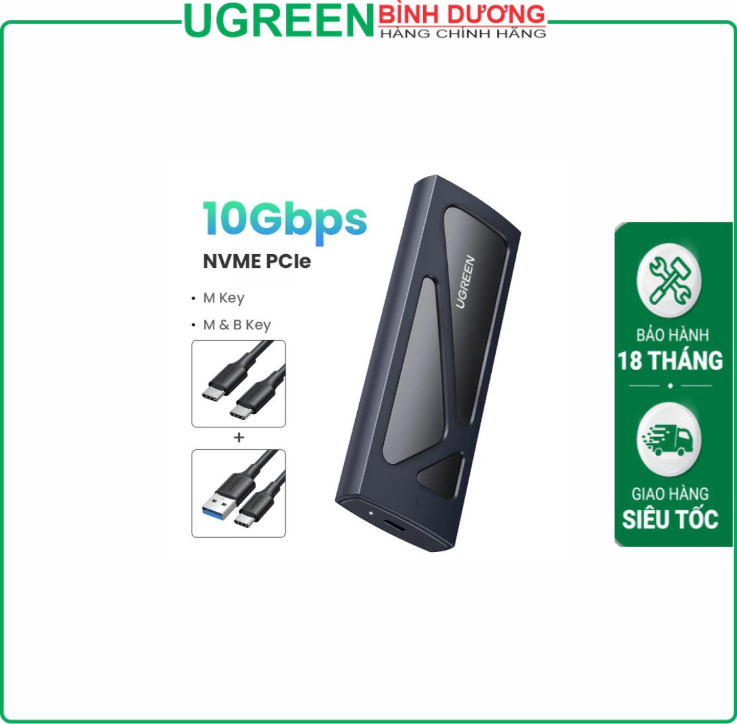 Box Gắn ổ cứng SSD M.2 hỗ trợ NVMe Max 8Tb Kèm 2 Cáp USB To Type-C & Type-C To Type-C Ugreen (15512)