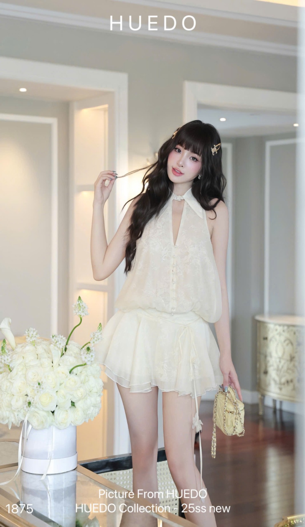 V1875 - ĐẦM SN CỔ SM BO EO NÚT NGỌC TRAI