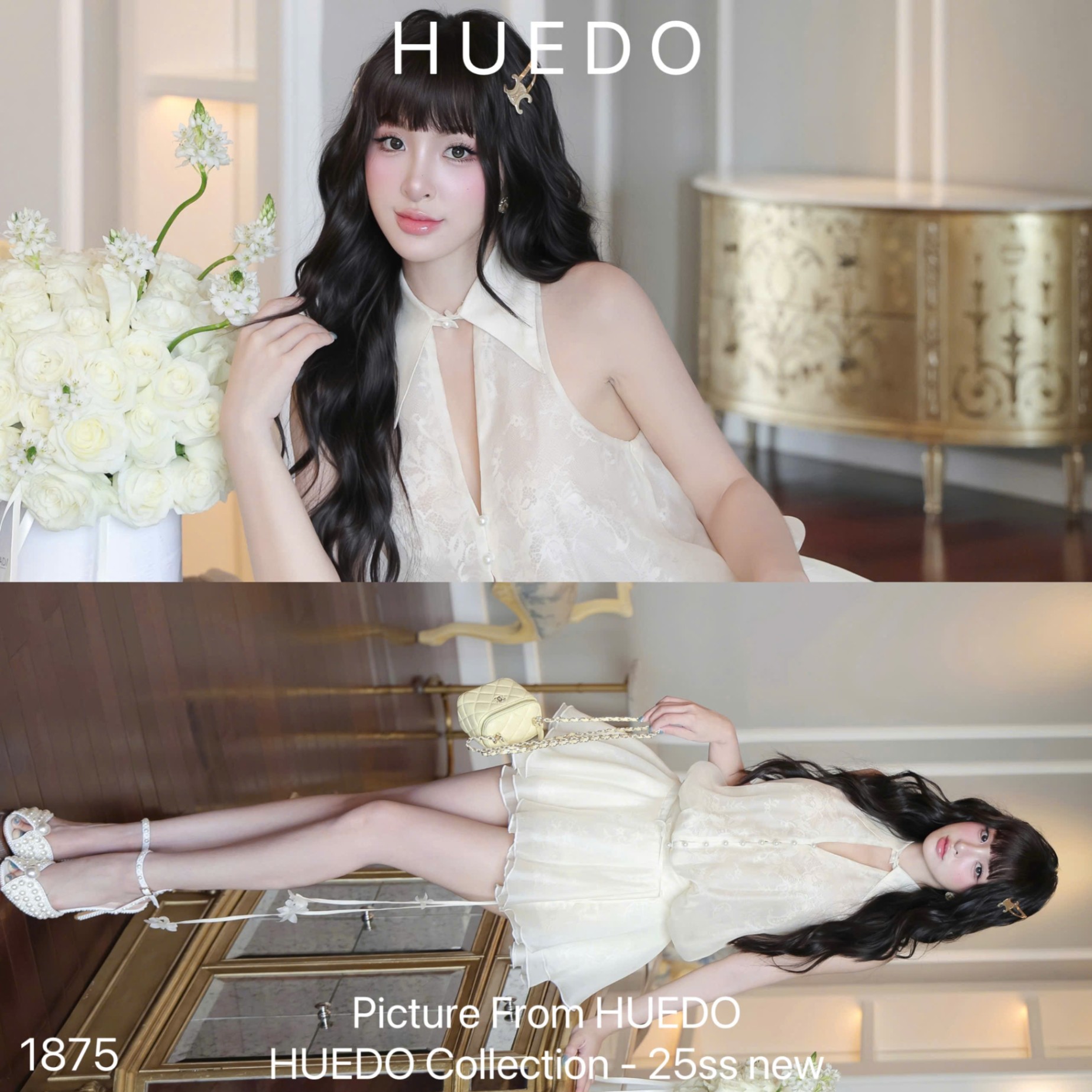 V1875 - ĐẦM SN CỔ SM BO EO NÚT NGỌC TRAI