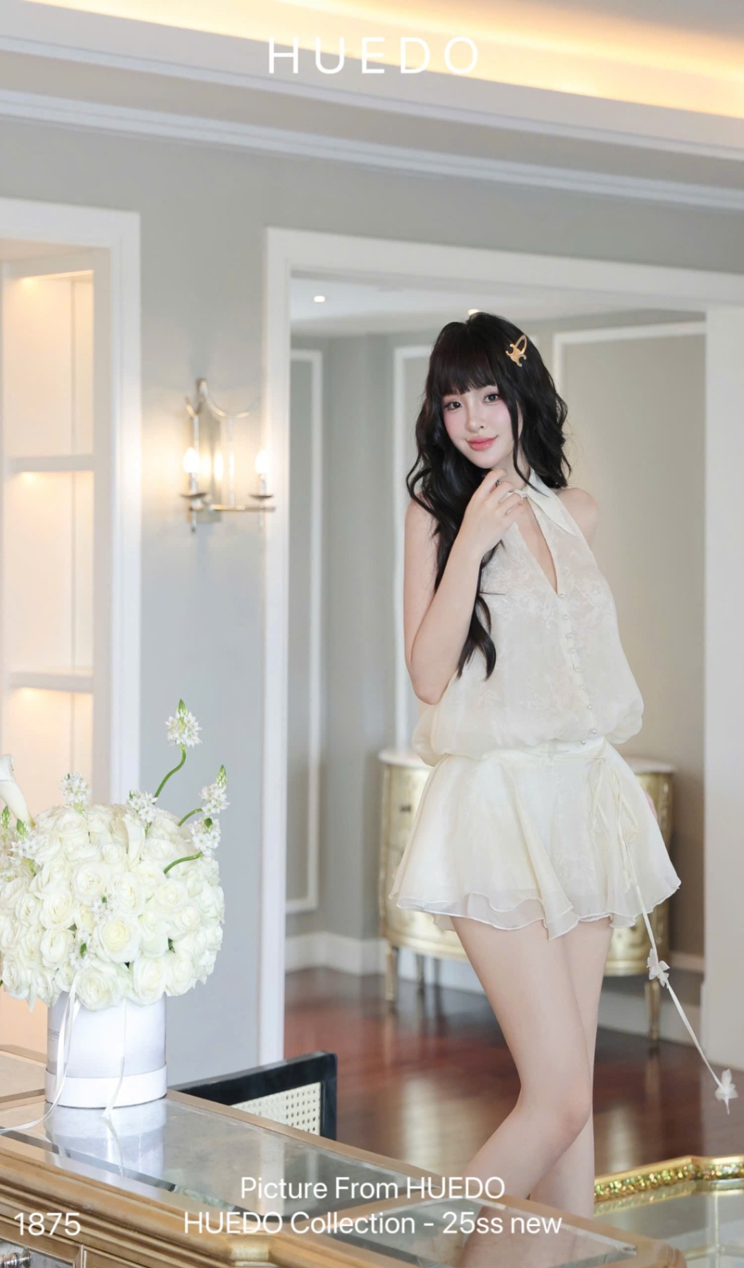 V1875 - ĐẦM SN CỔ SM BO EO NÚT NGỌC TRAI