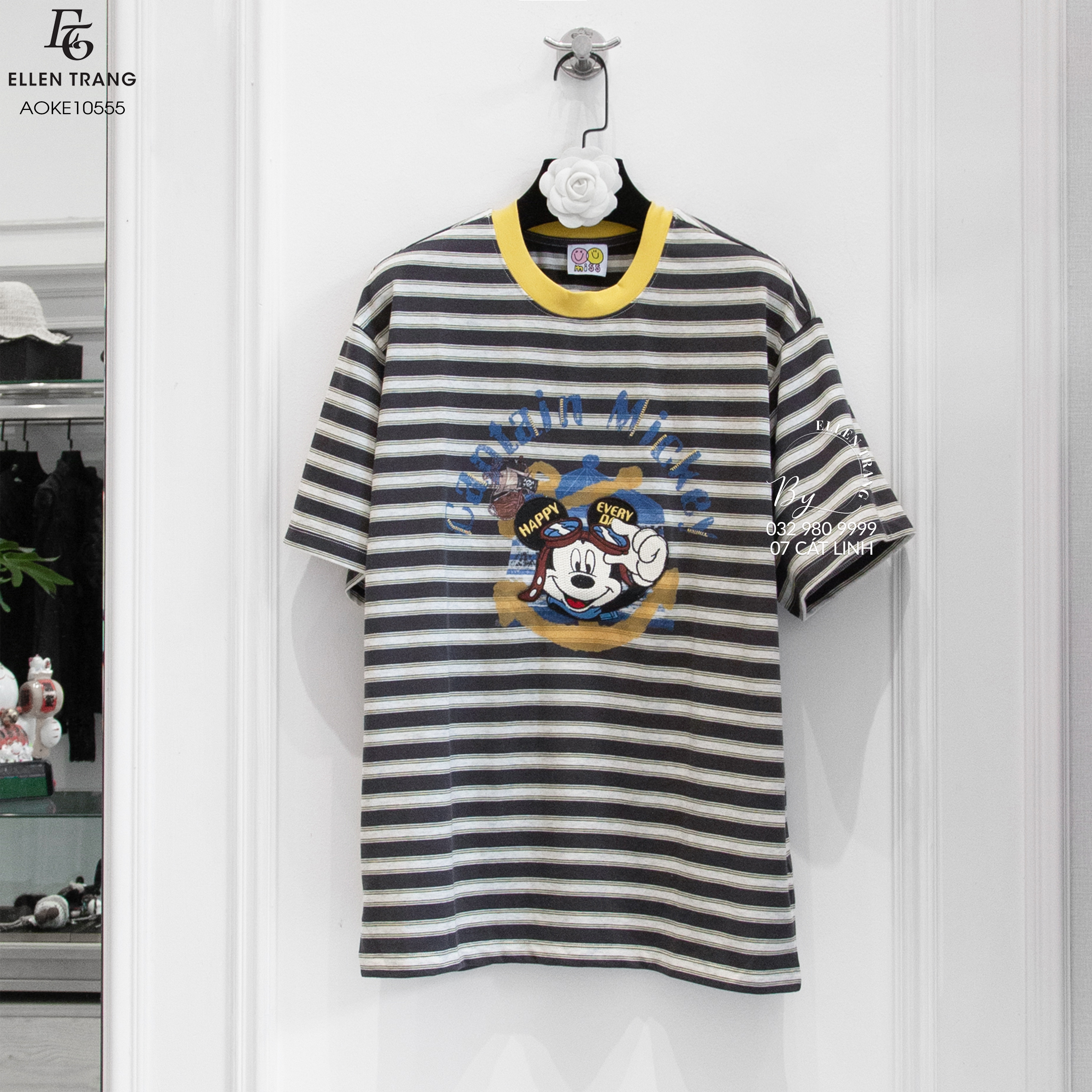 ÁO KẺ TRẮNG XÁM CỔ VÀNG MICKEY TRƯỚC & SAU