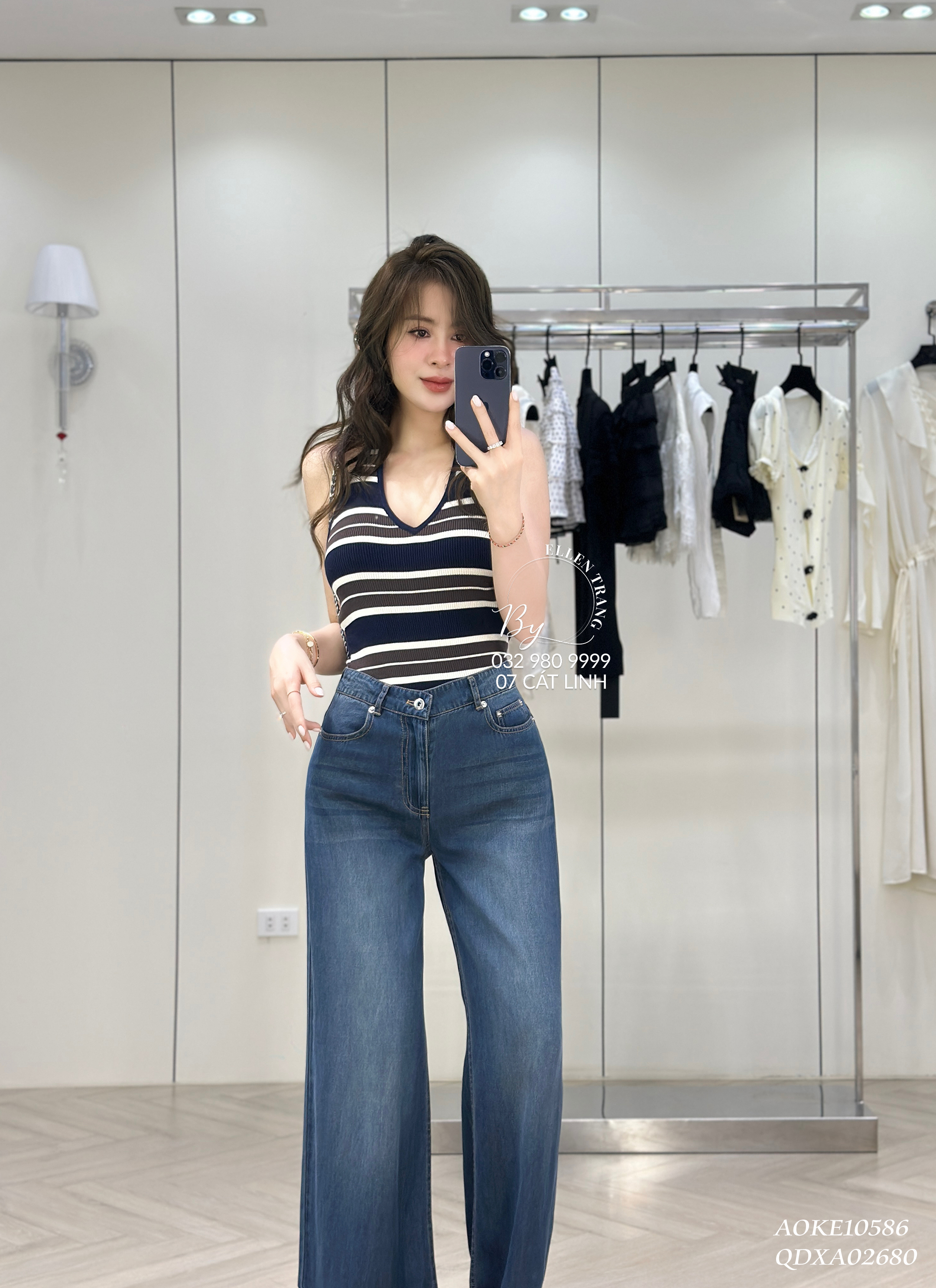 ÁO KẺ XANH THAN BE NÂU CỔ YẾM