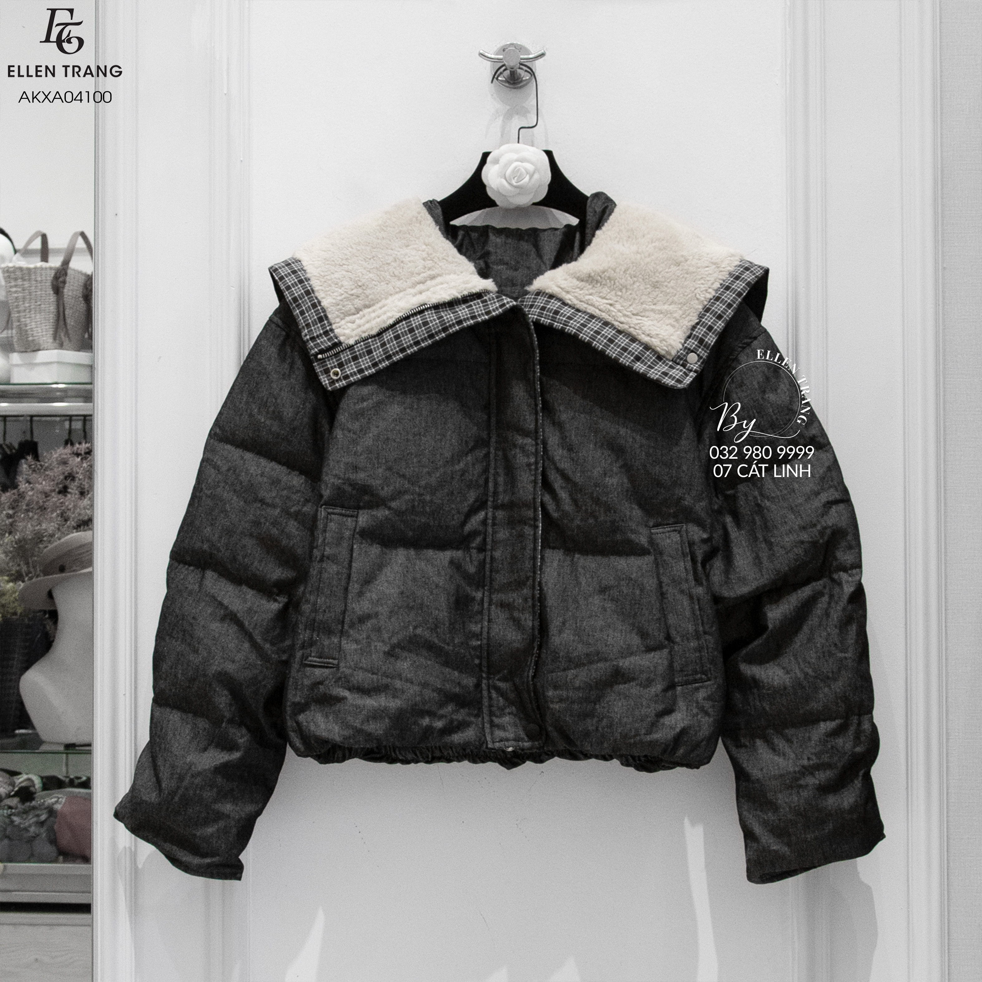 ÁO KHOÁC XÁM CỔ LÔNG VIỀN KẺ