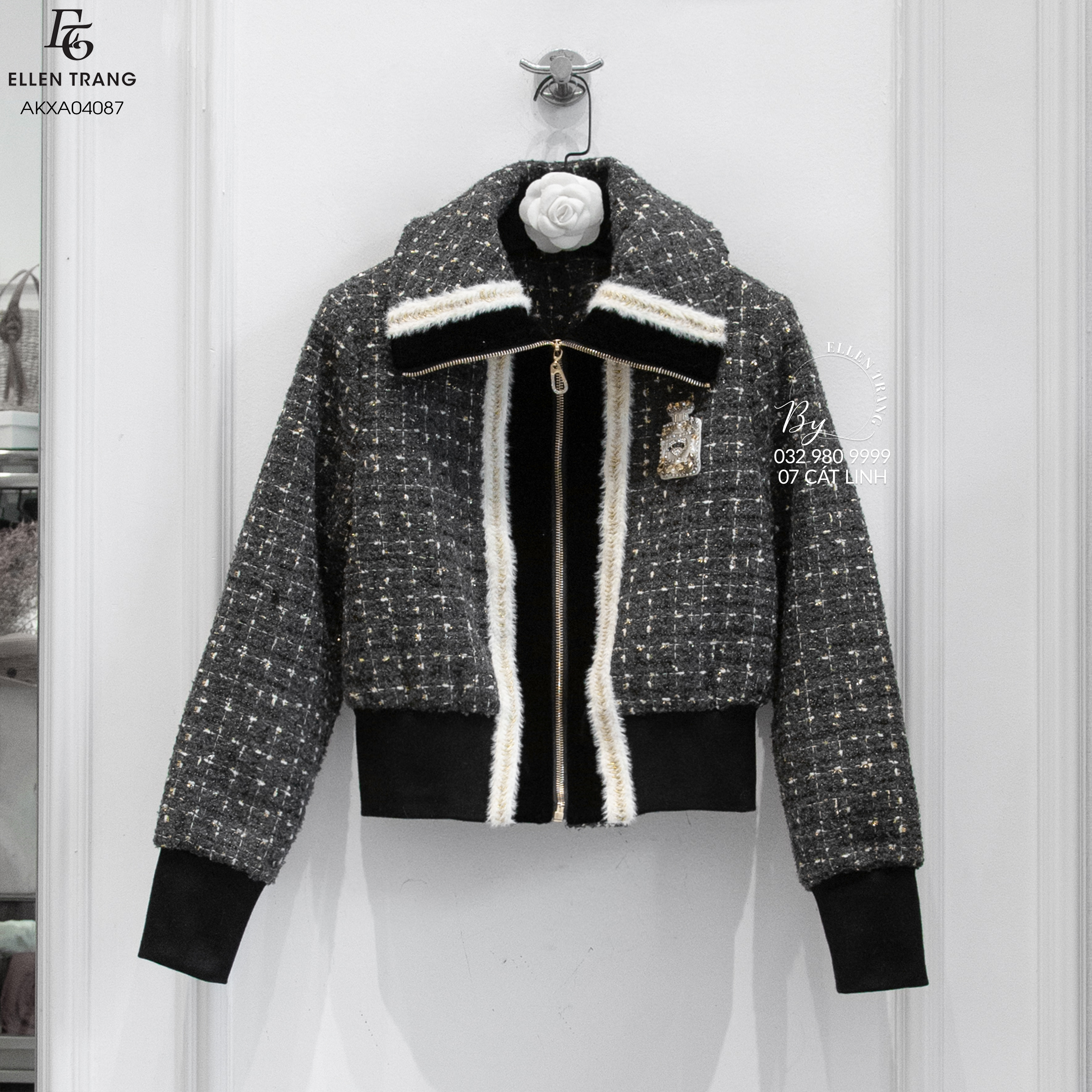 ÁO KHOÁC XÁM DẠ TWEED ĐÍNH ĐÁ Ở NGỰC