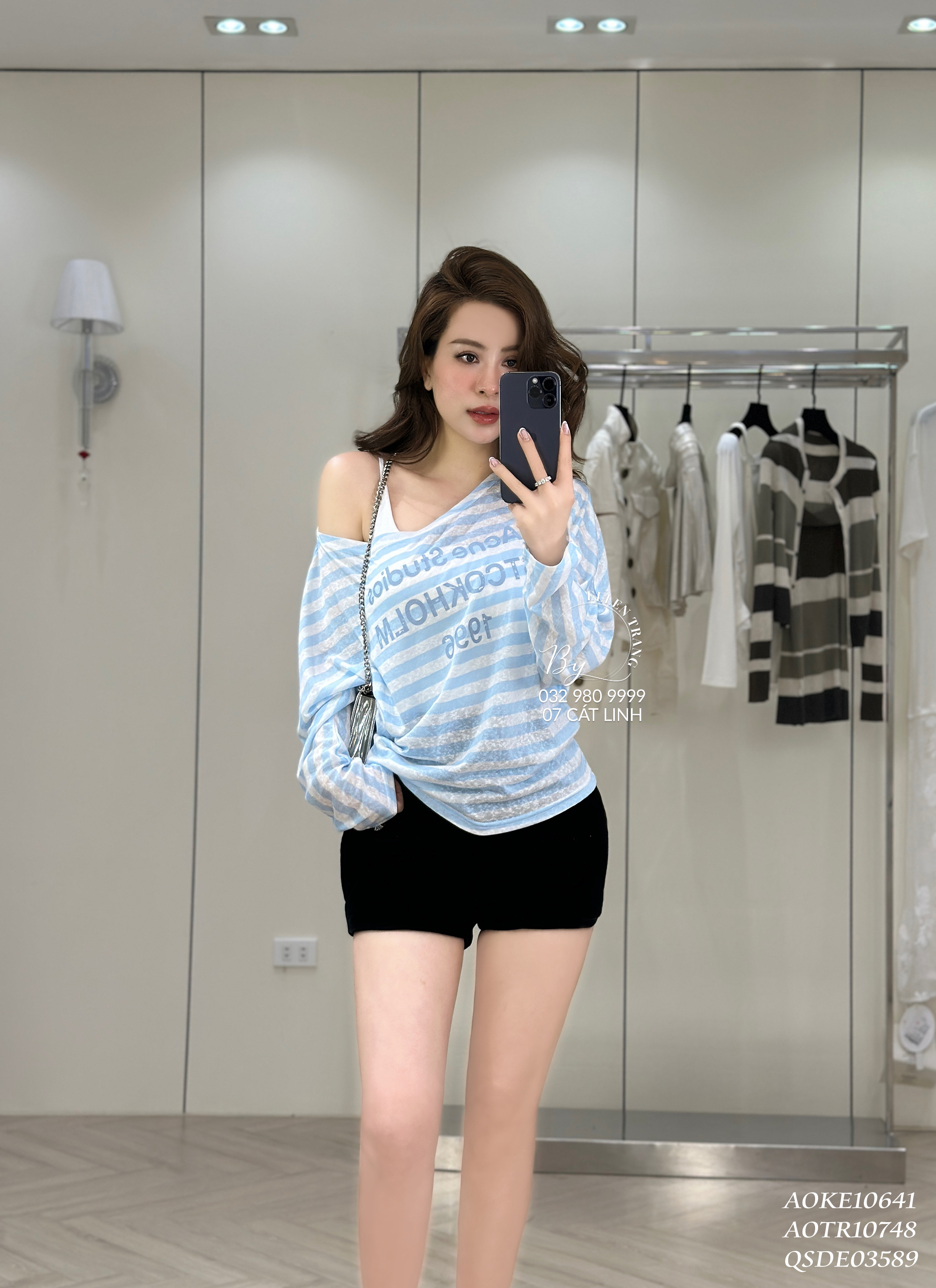 ÁO LỆCH VAI KẺ XANH DƯƠNG TRẮNG SỐ 1996
