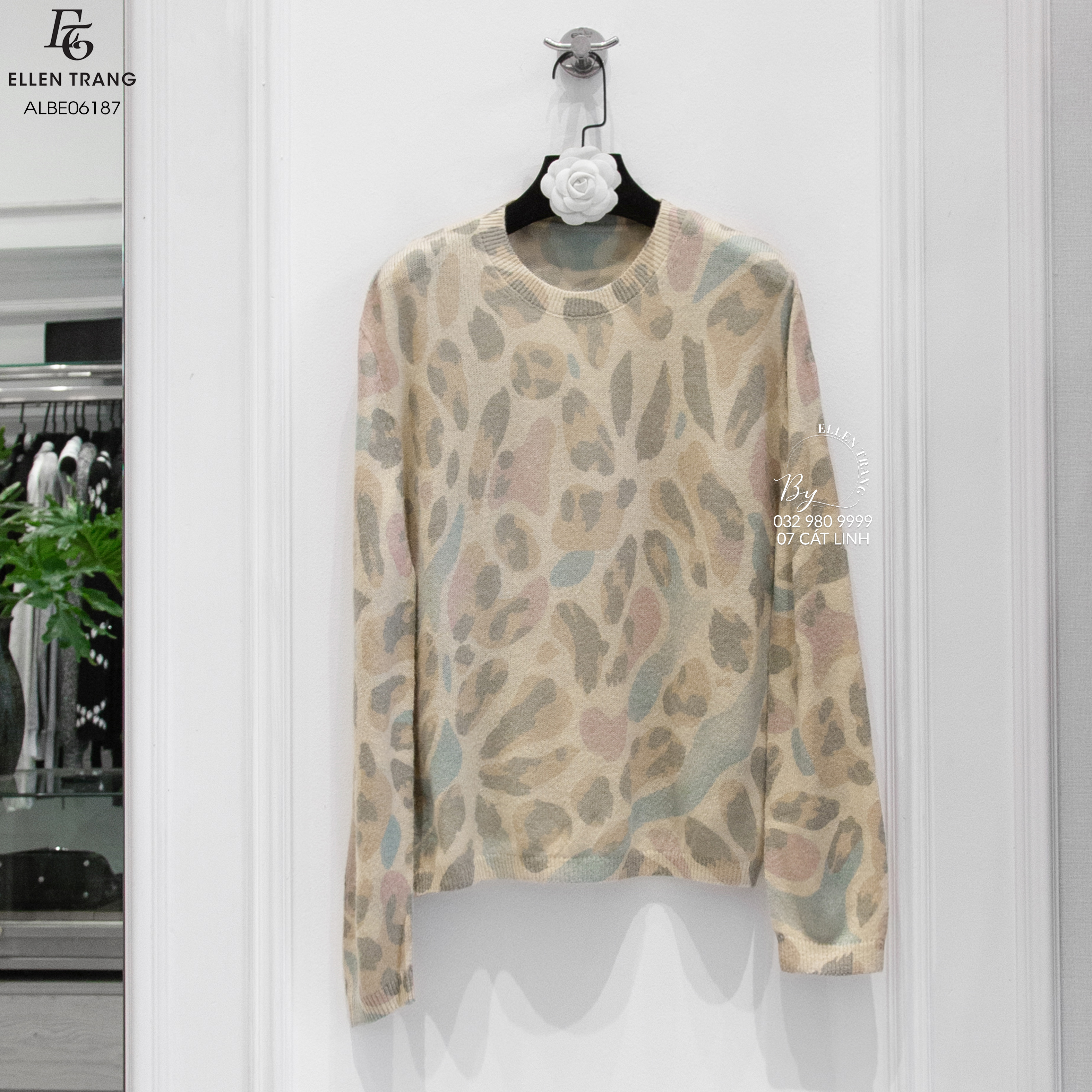 ÁO LEN BE HỒNG XANH XÁM HOẠ TIẾT DA BÁO