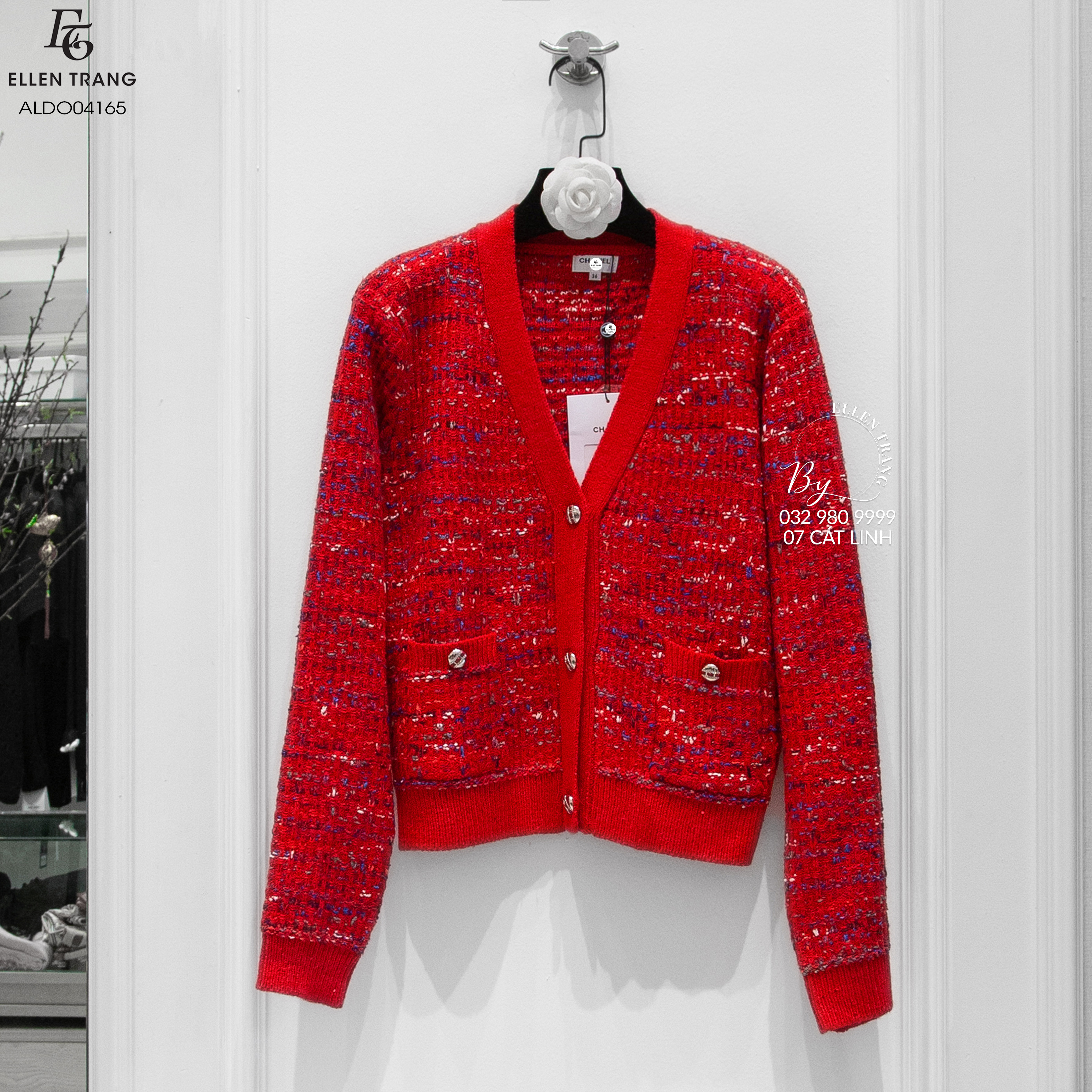 ÁO LEN ĐỎ KẺ CÚC BẠC CHANEL