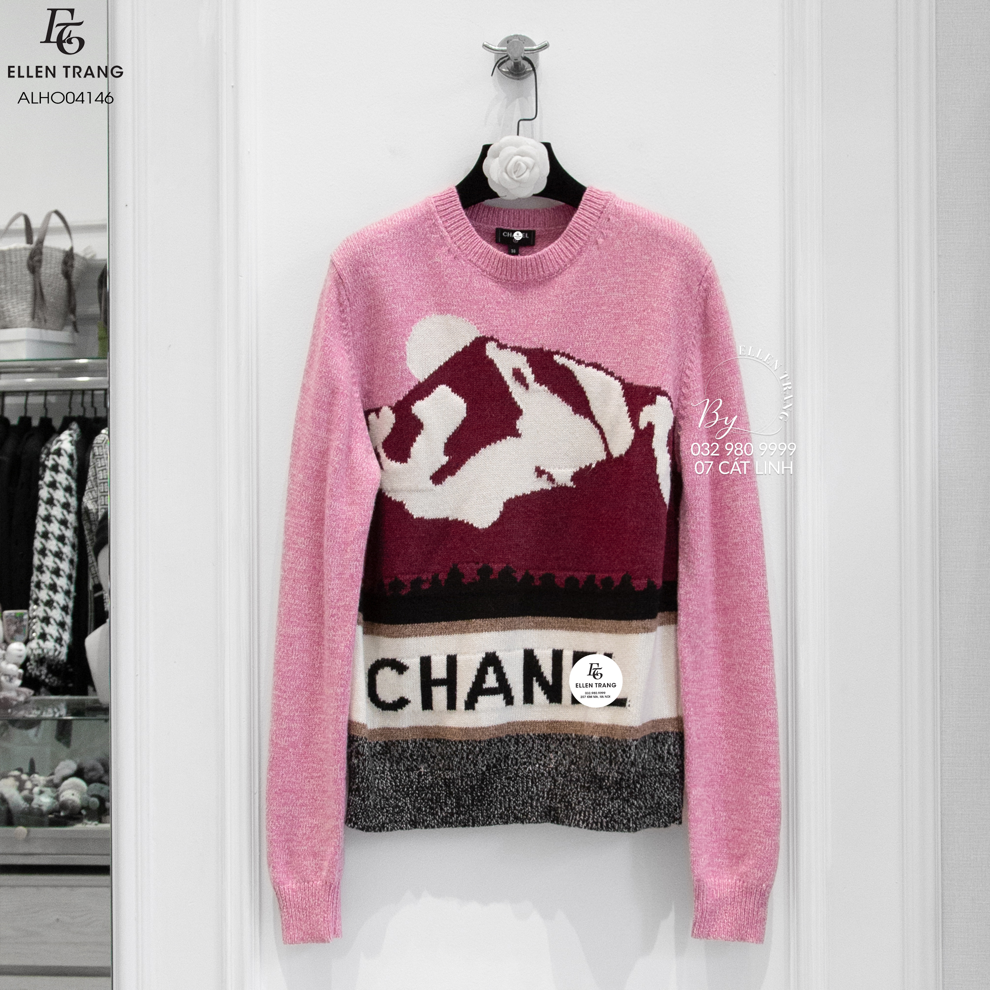 ÁO LEN HỒNG HOẠ TIẾT ĐỎ TRẮNG CHANEL