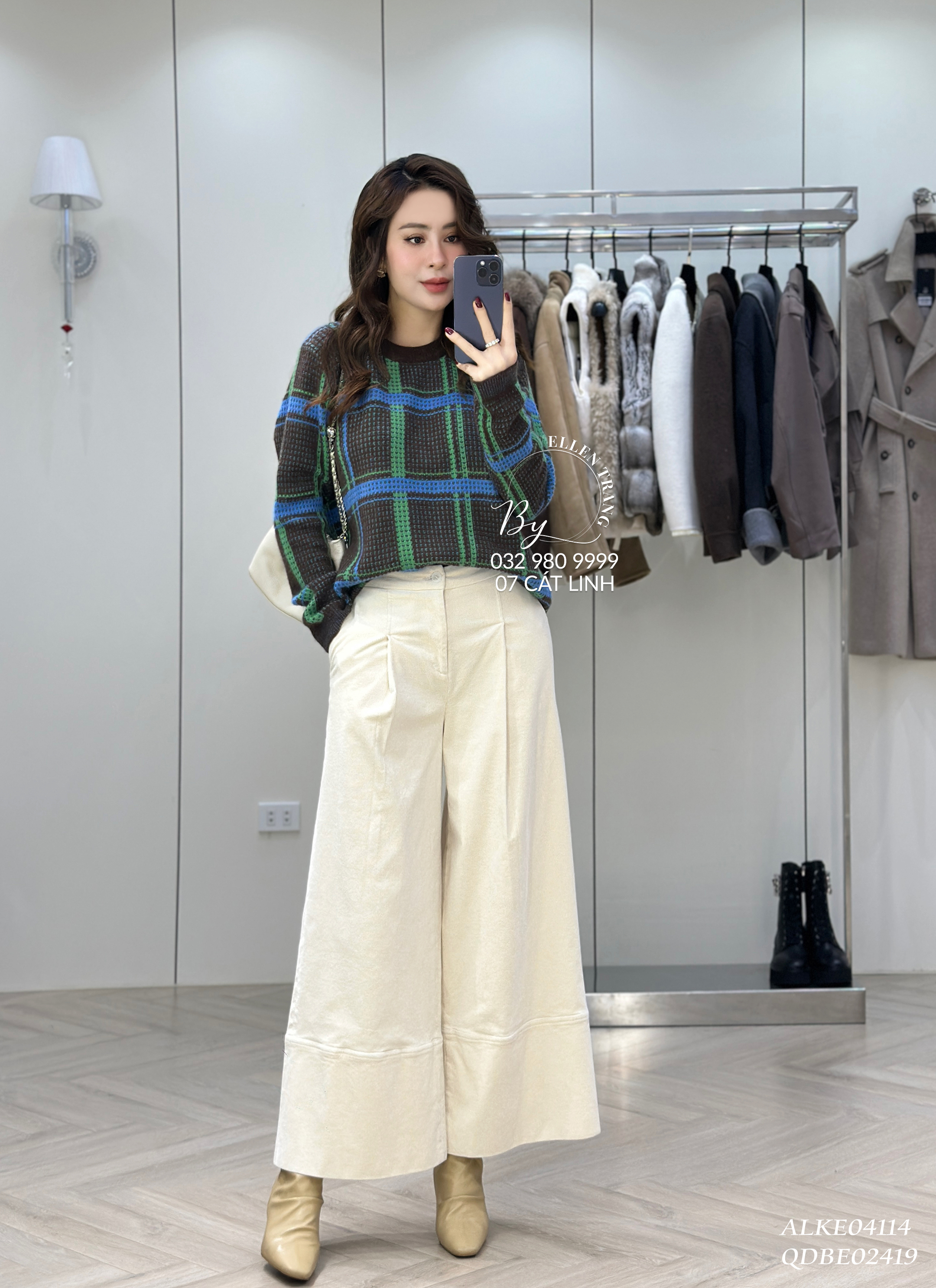 ÁO LEN KẺ Ô NÂU XANH