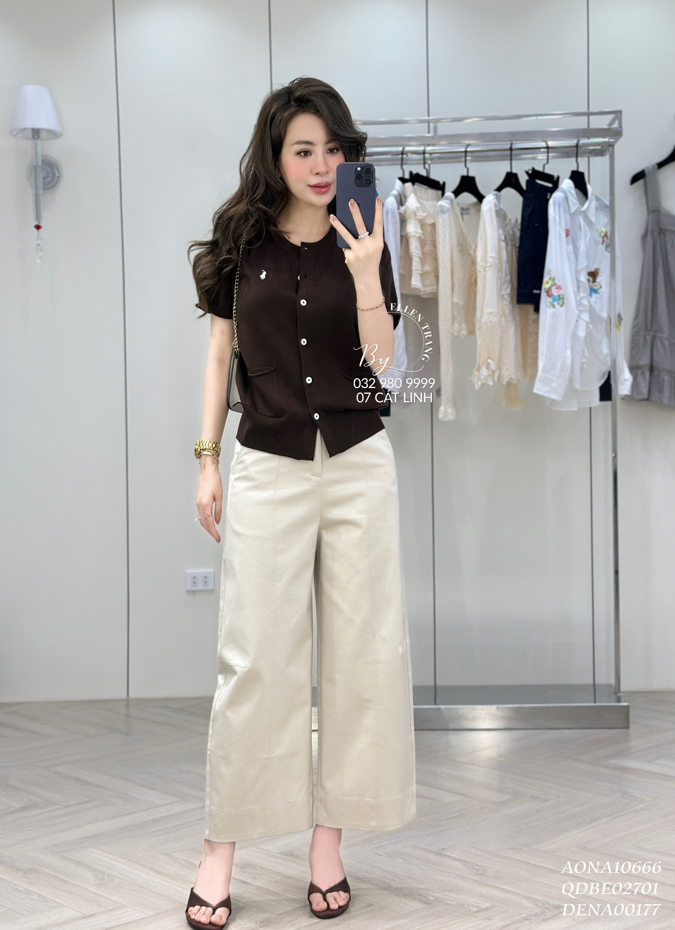 ÁO LEN NÂU TAY NGẮN CÚC TRẮNG THÊU NGỰA