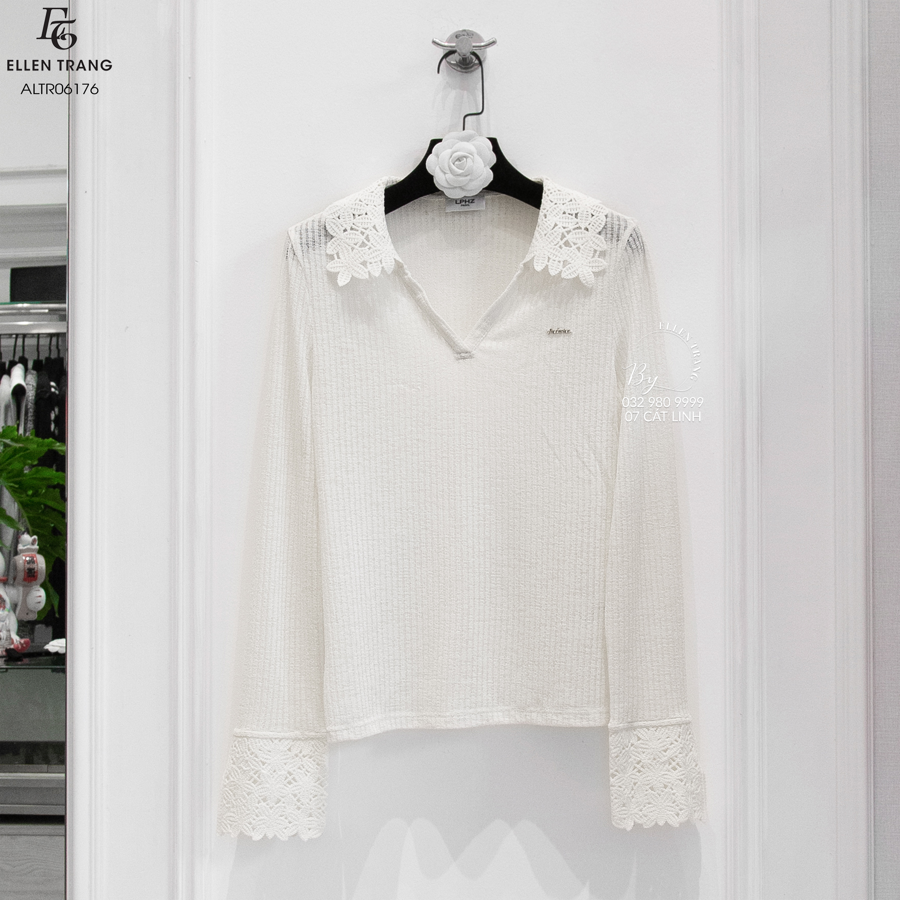 ÁO LEN TRẮNG MỎNG CỔ REN HOA CHỮ ANDARINA