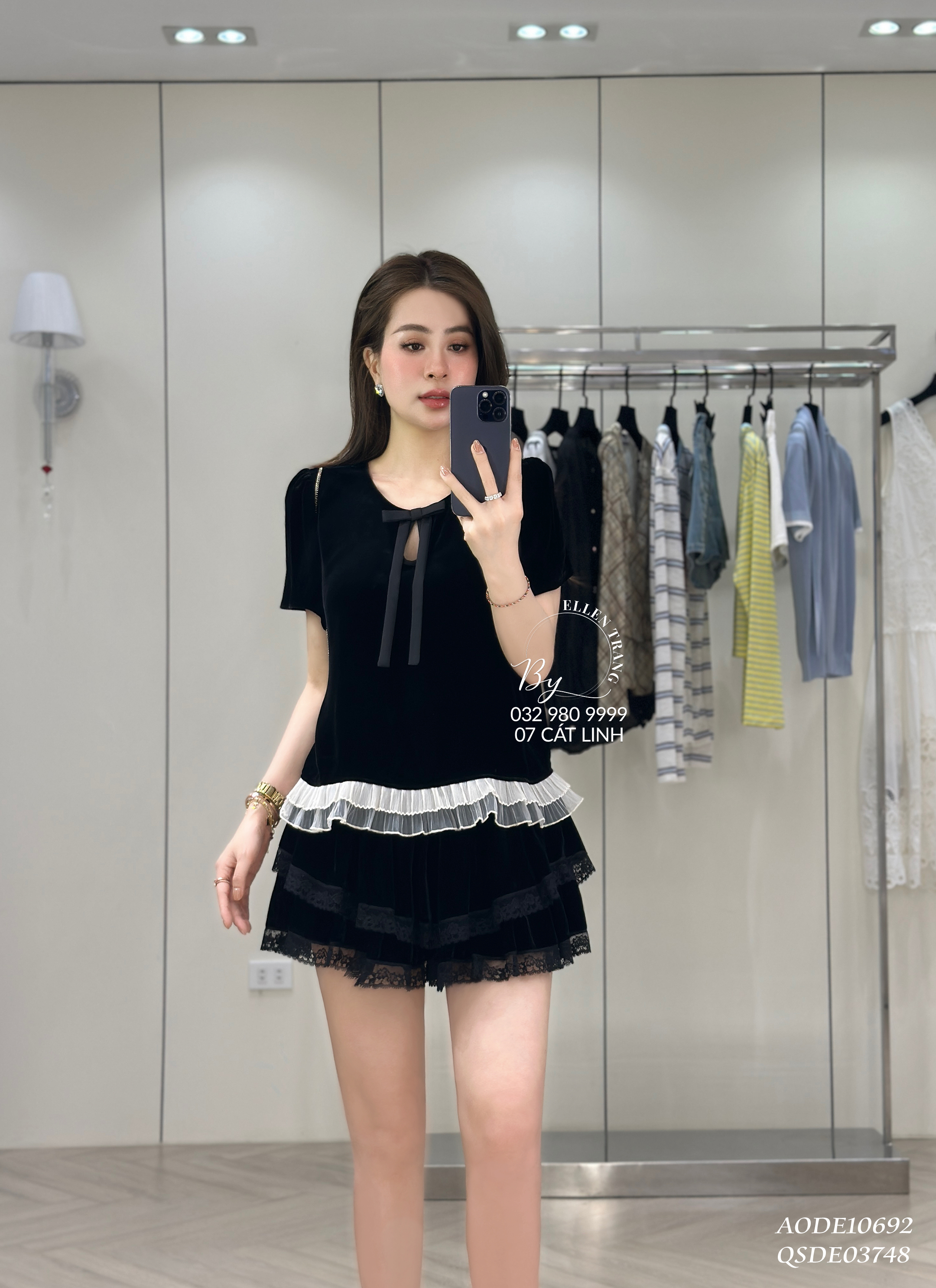 ÁO NHUNG ĐEN GẤU BE NƠ SAU CỔ