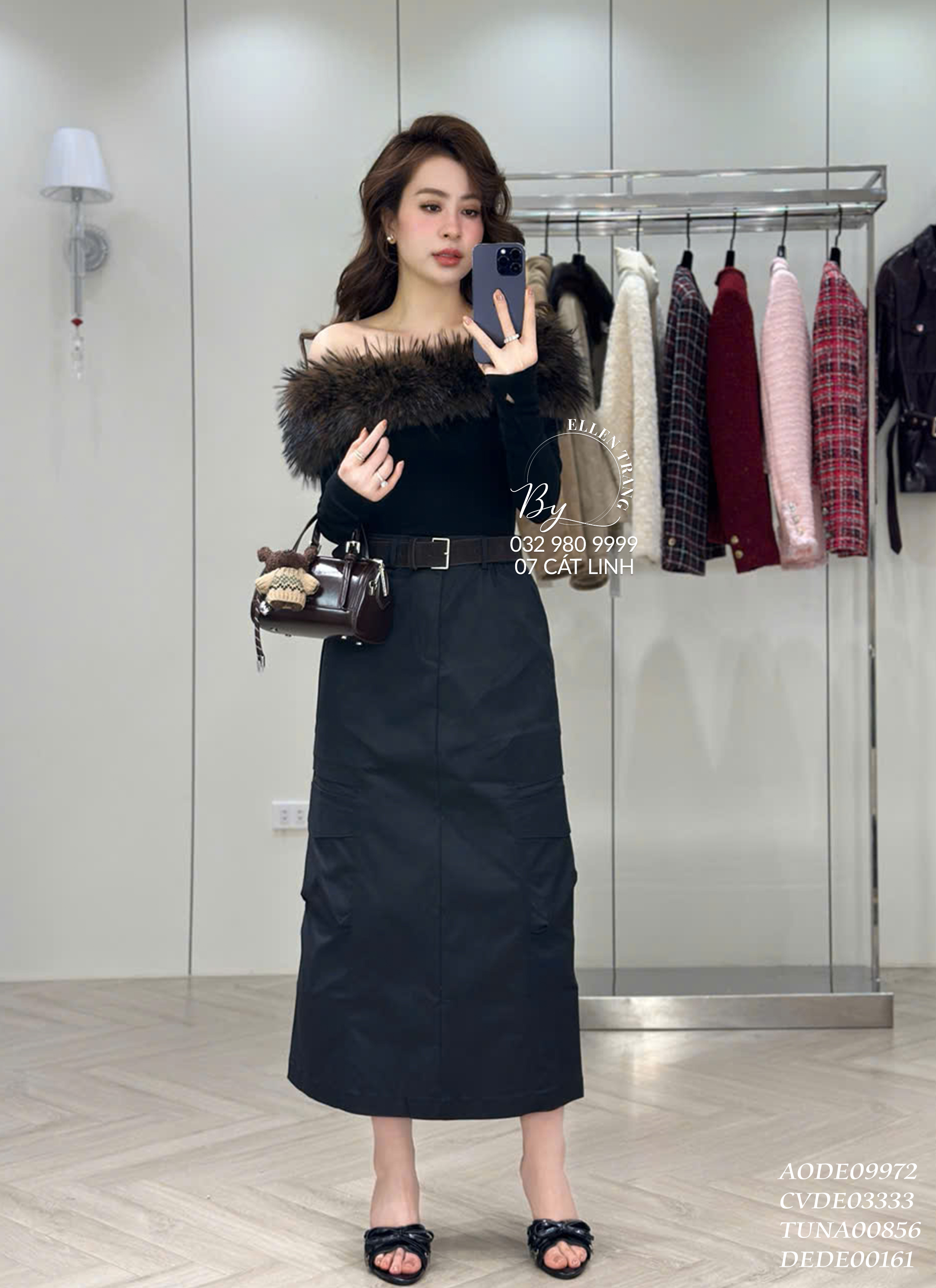 ÁO NỈ ĐEN CỔ LÔNG NÂU