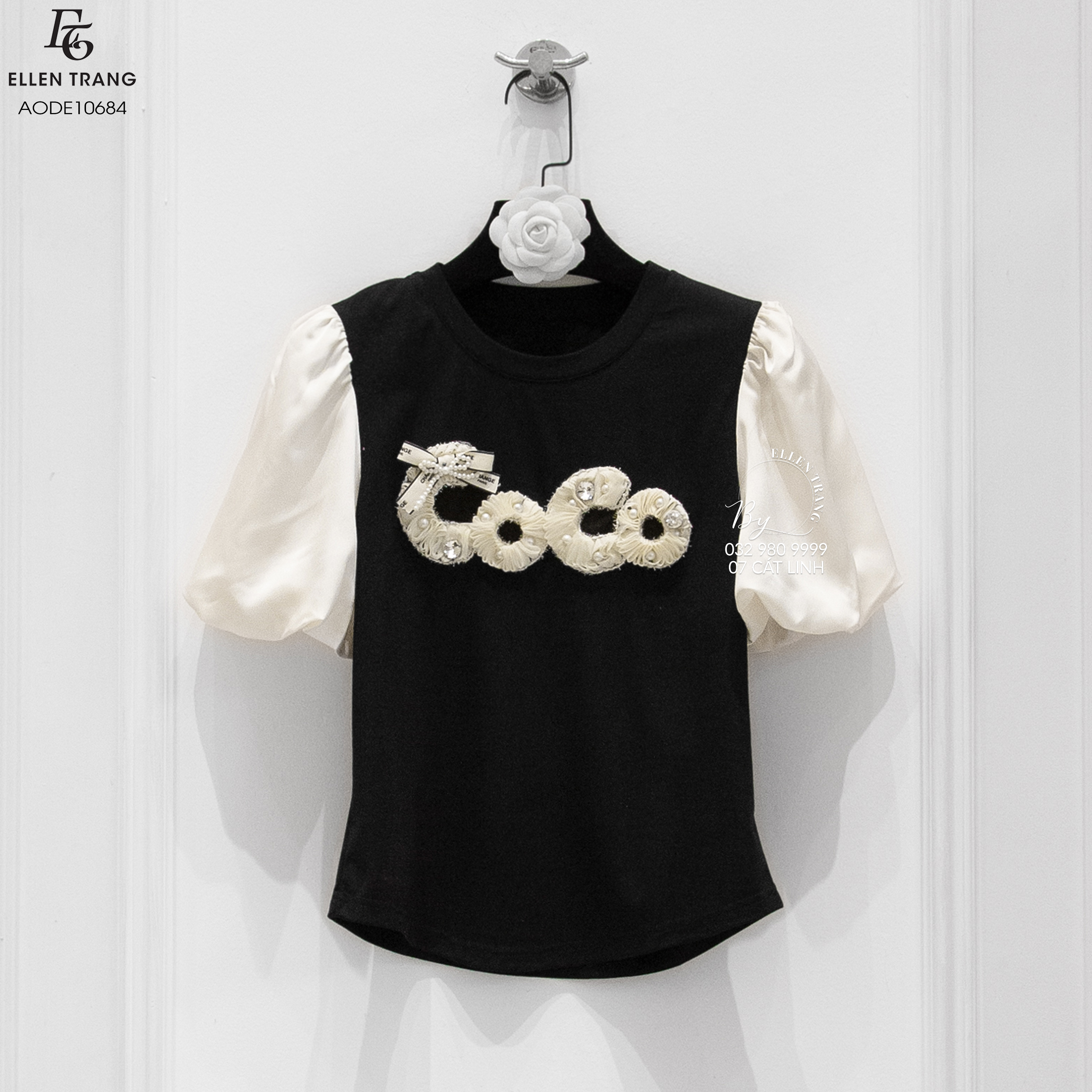 ÁO PHÔNG ĐEN TAY BE CHỮ COCO ĐÍNH NGỌC TRAI