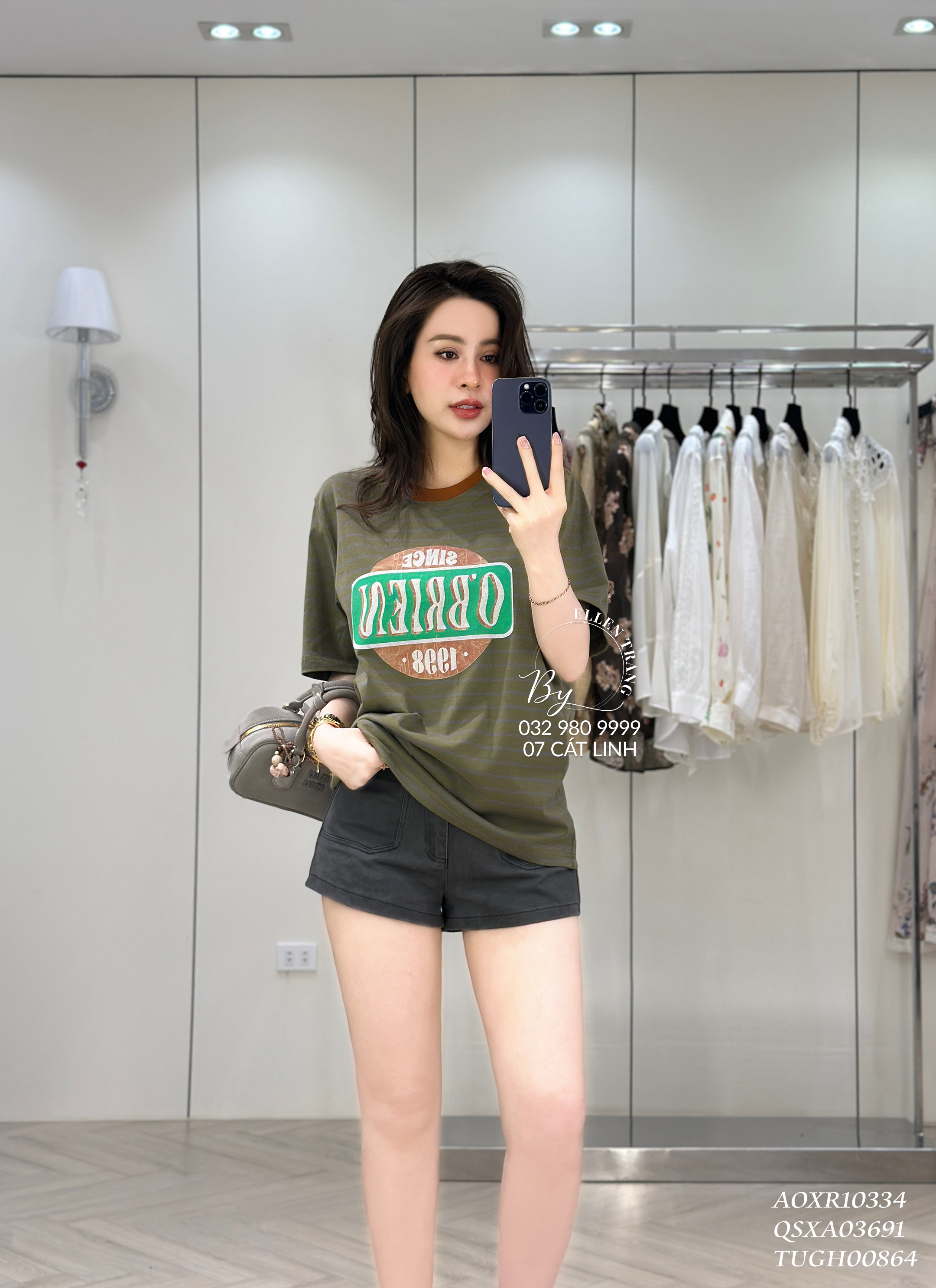 ÁO PHÔNG XANH RÊU CỔ NÂU SỐ 1998