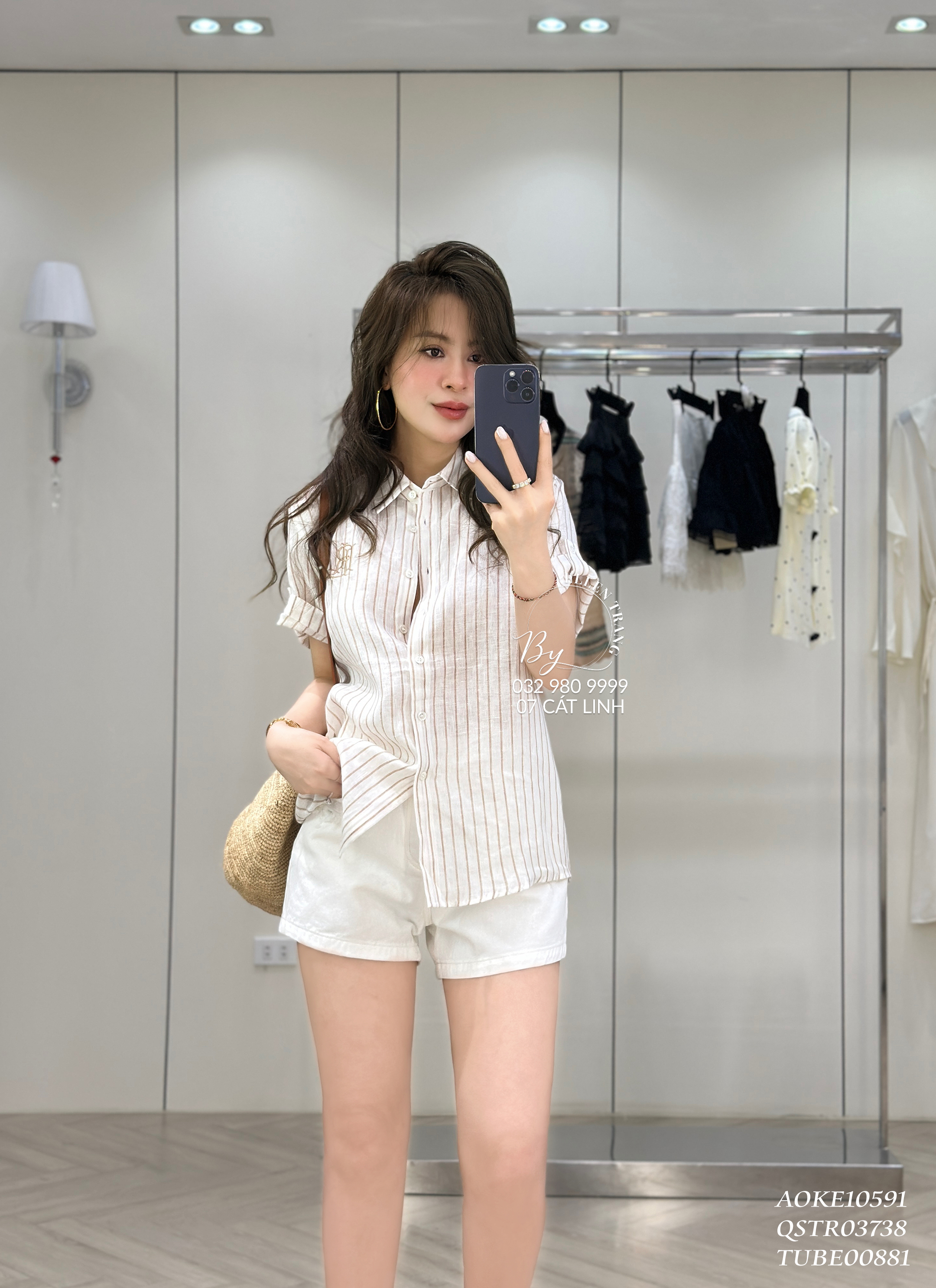 ÁO SƠ MI BE KẺ SỌC NÂU CỘC TAY