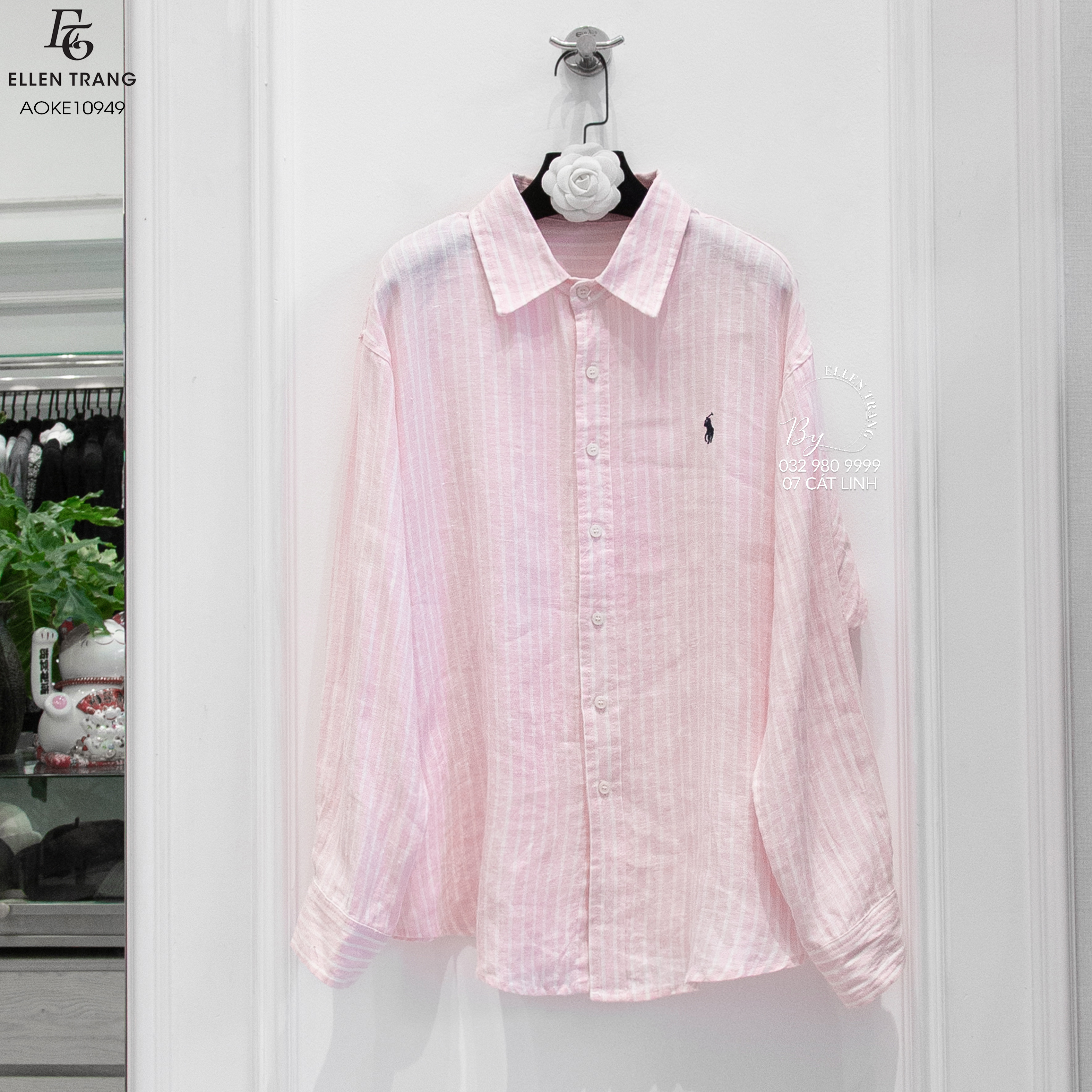 ÁO SƠ MI HỒNG KẺ SỌC THÊU NGỰA XANH THAN