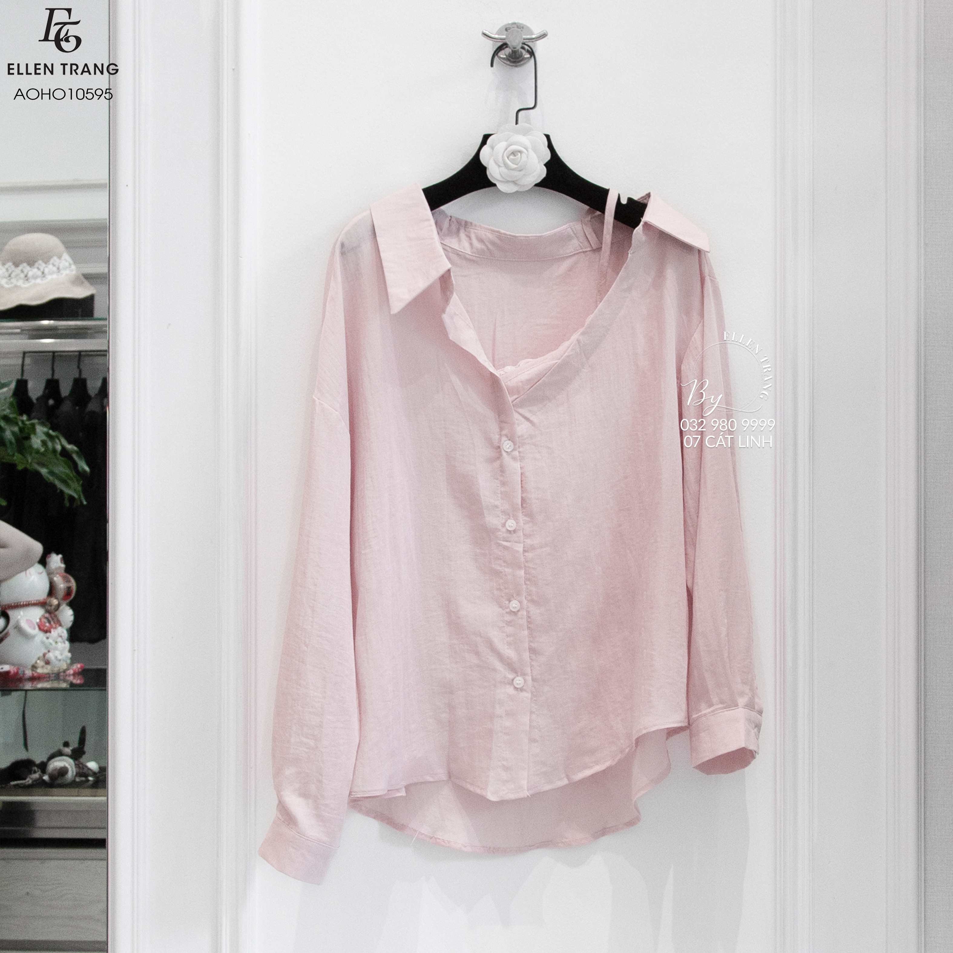 ÁO SƠ MI HỒNG LỆCH VAI