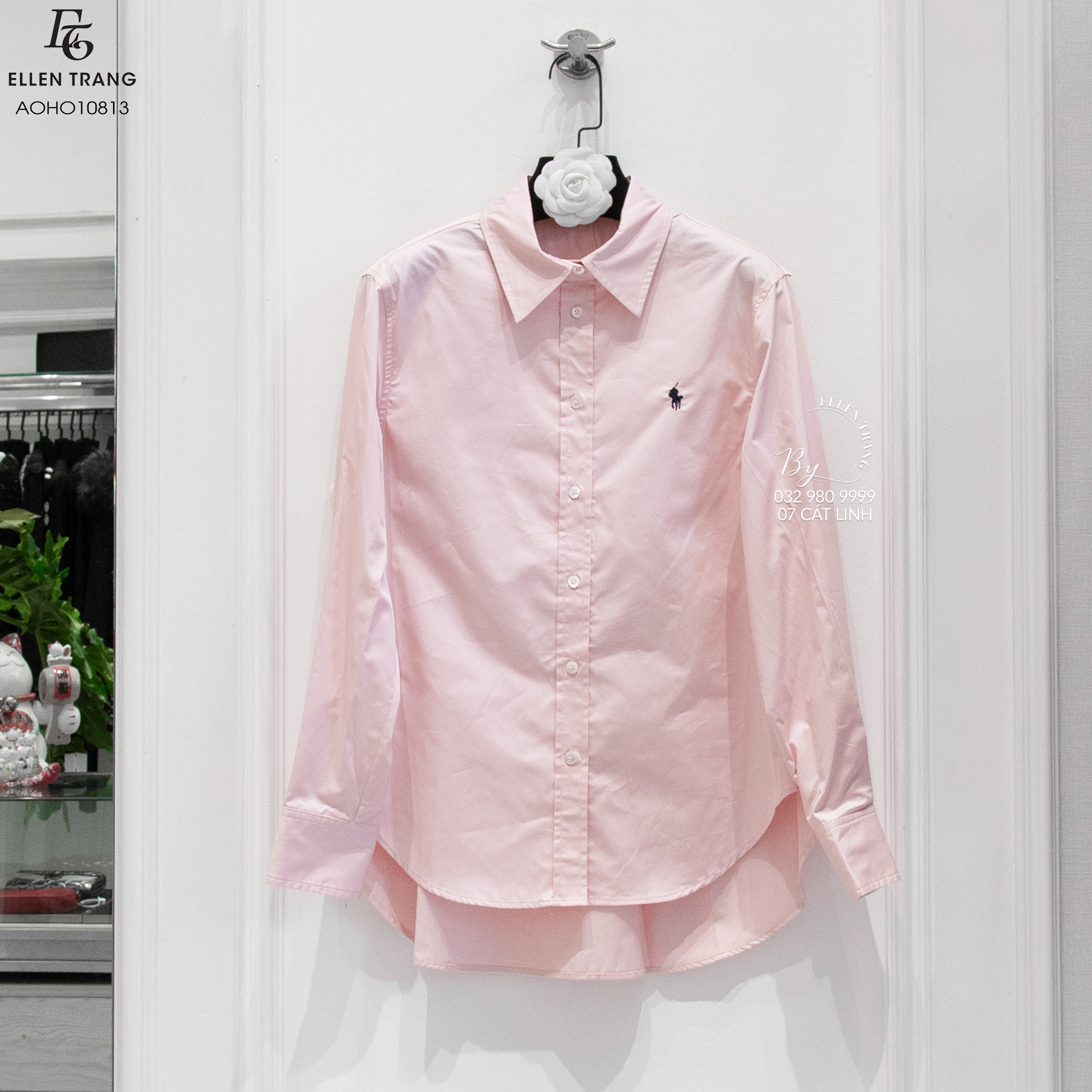 ÁO SƠ MI HỒNG NGỰA ĐEN THÊU