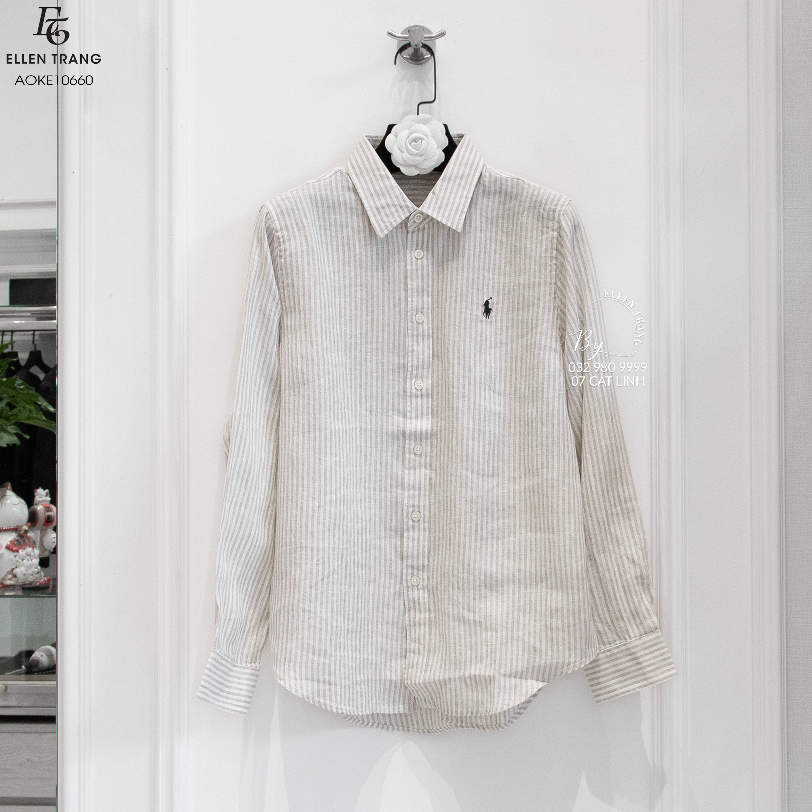 ÁO SƠ MI KẺ TRẮNG NÂU THÊU NGỰA XANH THAN