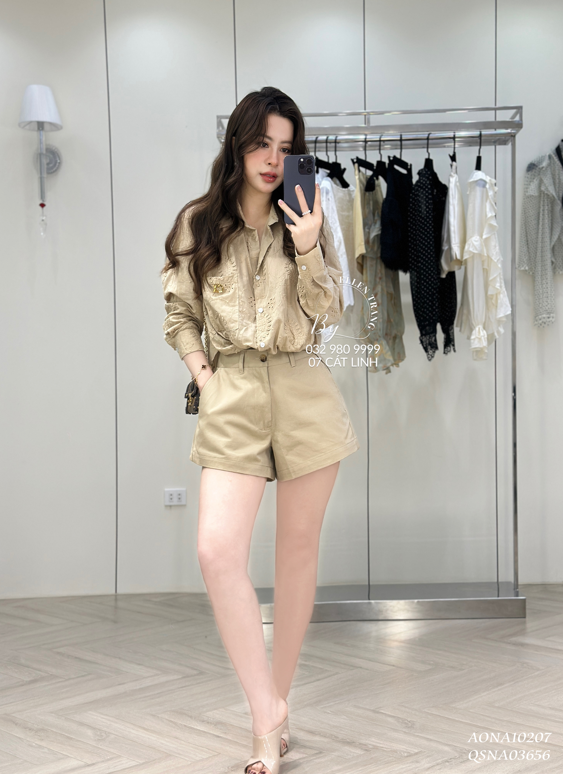 ÁO SƠ MI NÂU THÊU HOA KHUY CÀI CX