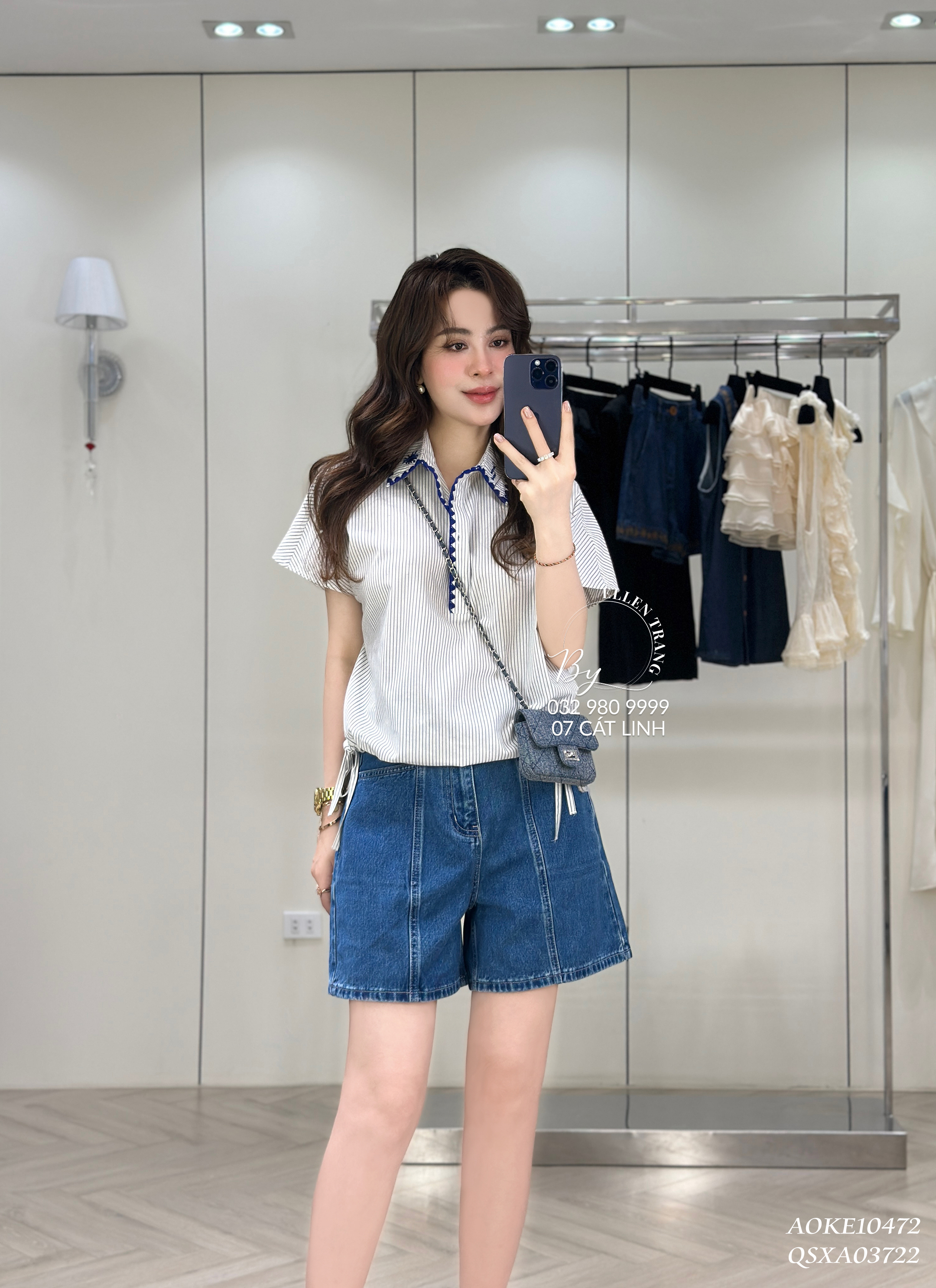 ÁO SƠ MI SÁT NÁCH KẺ SỌC CỔ THÊU XANH DƯƠNG