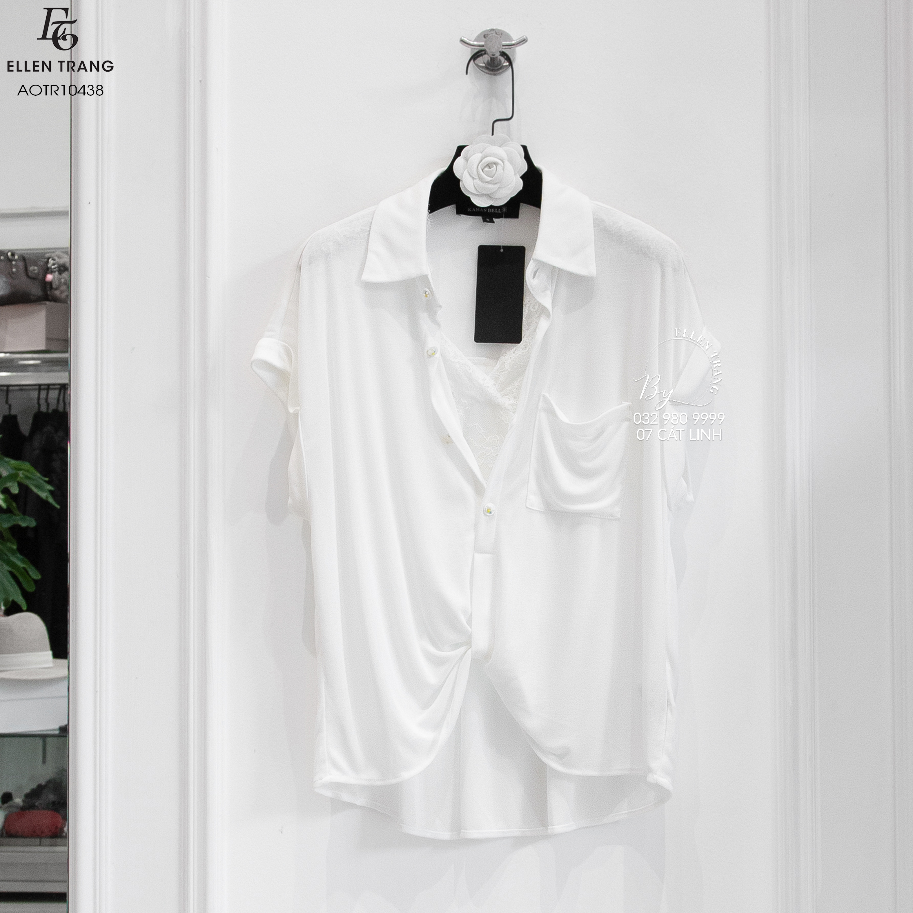 ÁO SƠ MI TRẮNG LÓT REN LIỀN CÚC HẠT