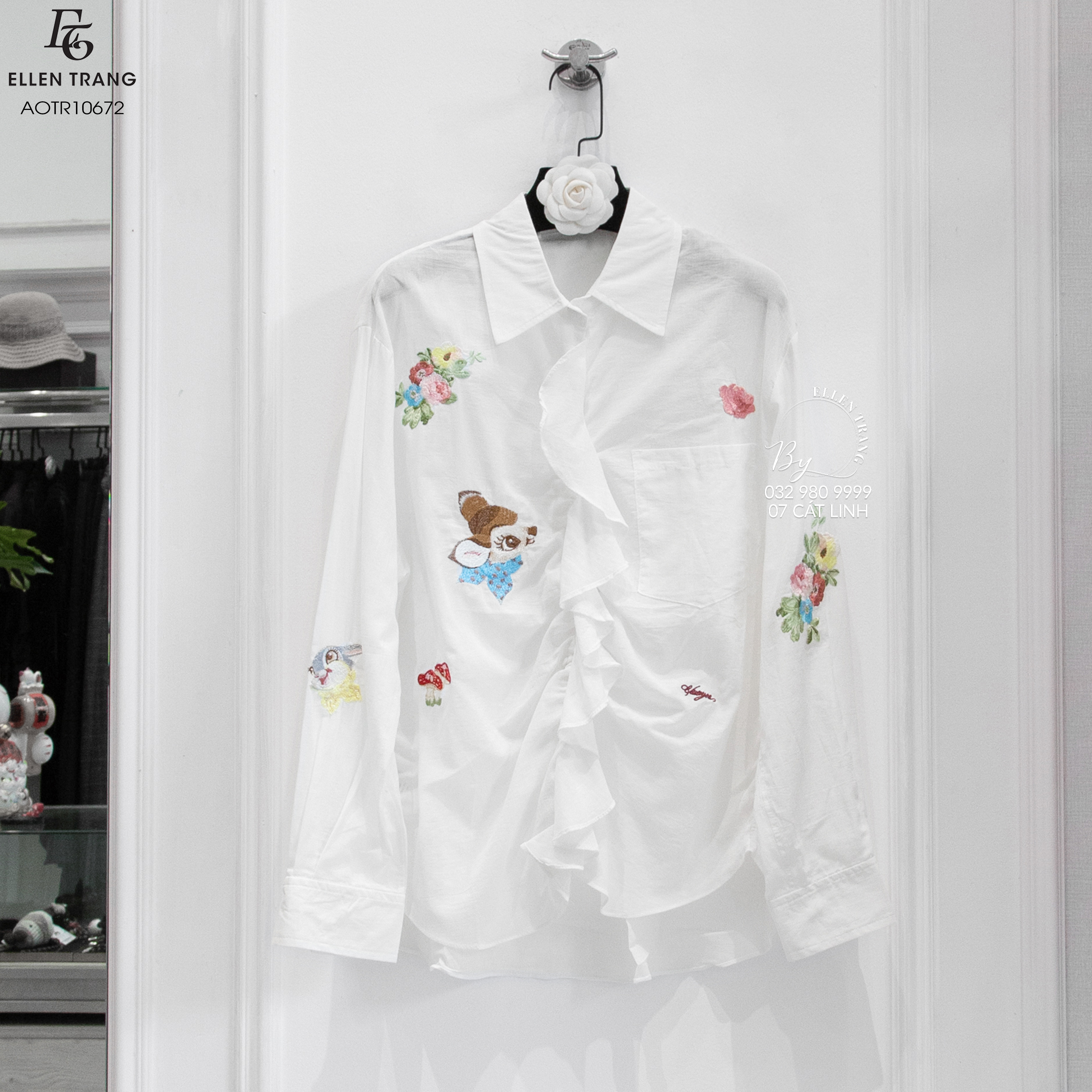 ÁO SƠ MI TRẮNG THÊU HOA ,HÌNH CON NAI