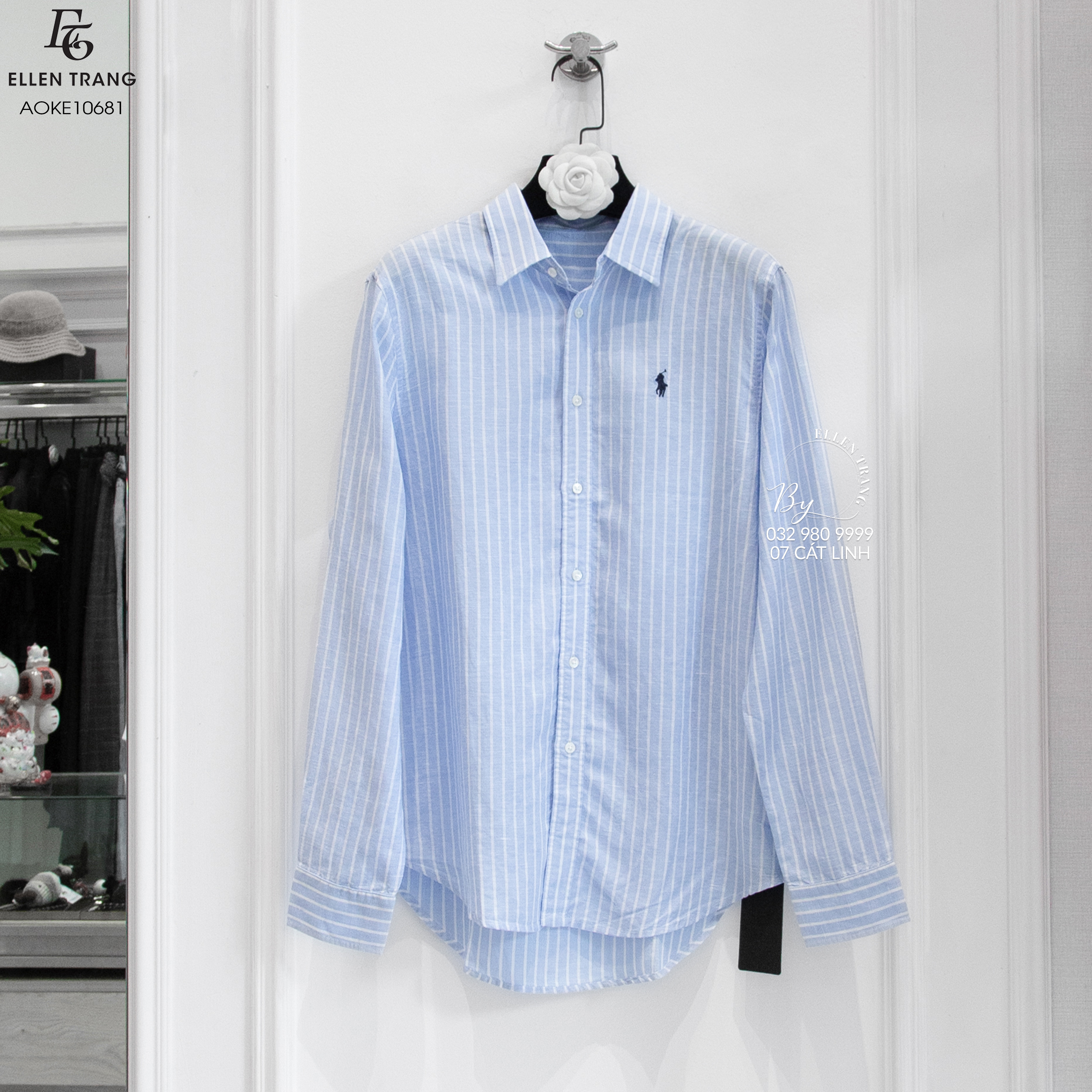 ÁO SƠ MI XANH DƯƠNG KẺ TRẮNG THÊU NGỰA XANH THAN
