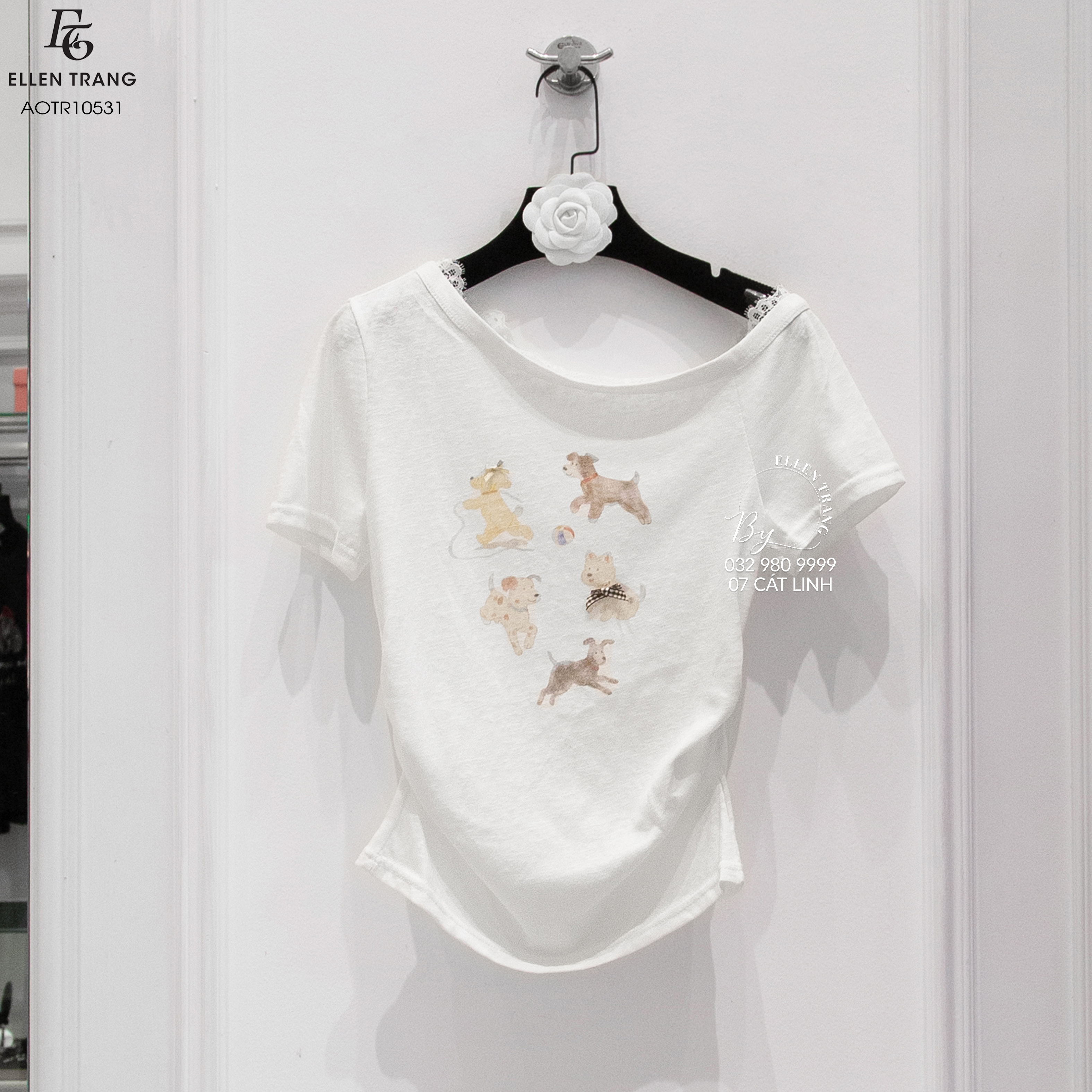 ÁO TRẮNG LỆCH VAI CỔ REN HÌNH CHÓ