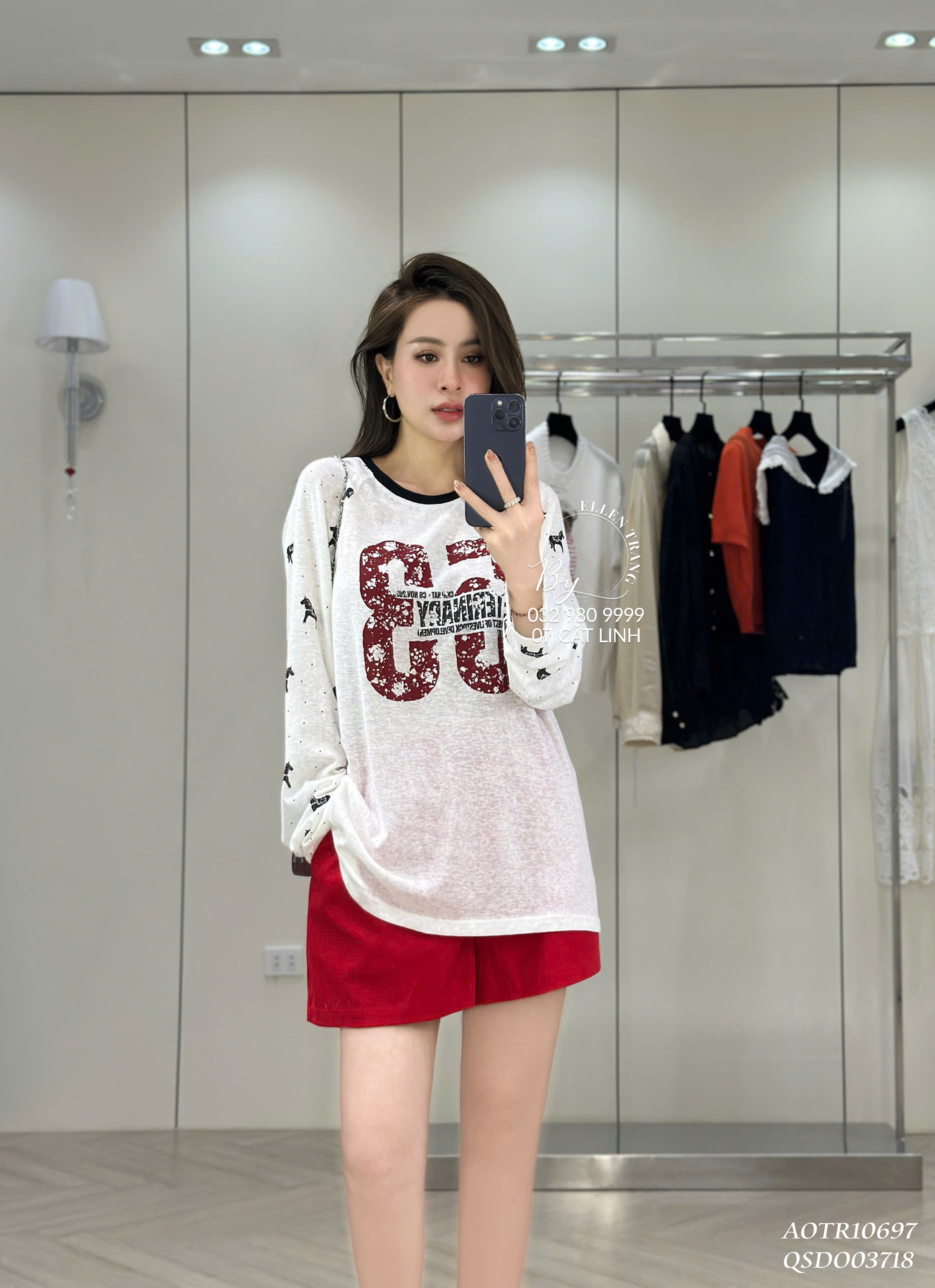 ÁO TRẮNG TAY CHẤM BI SỐ 53 ĐỎ