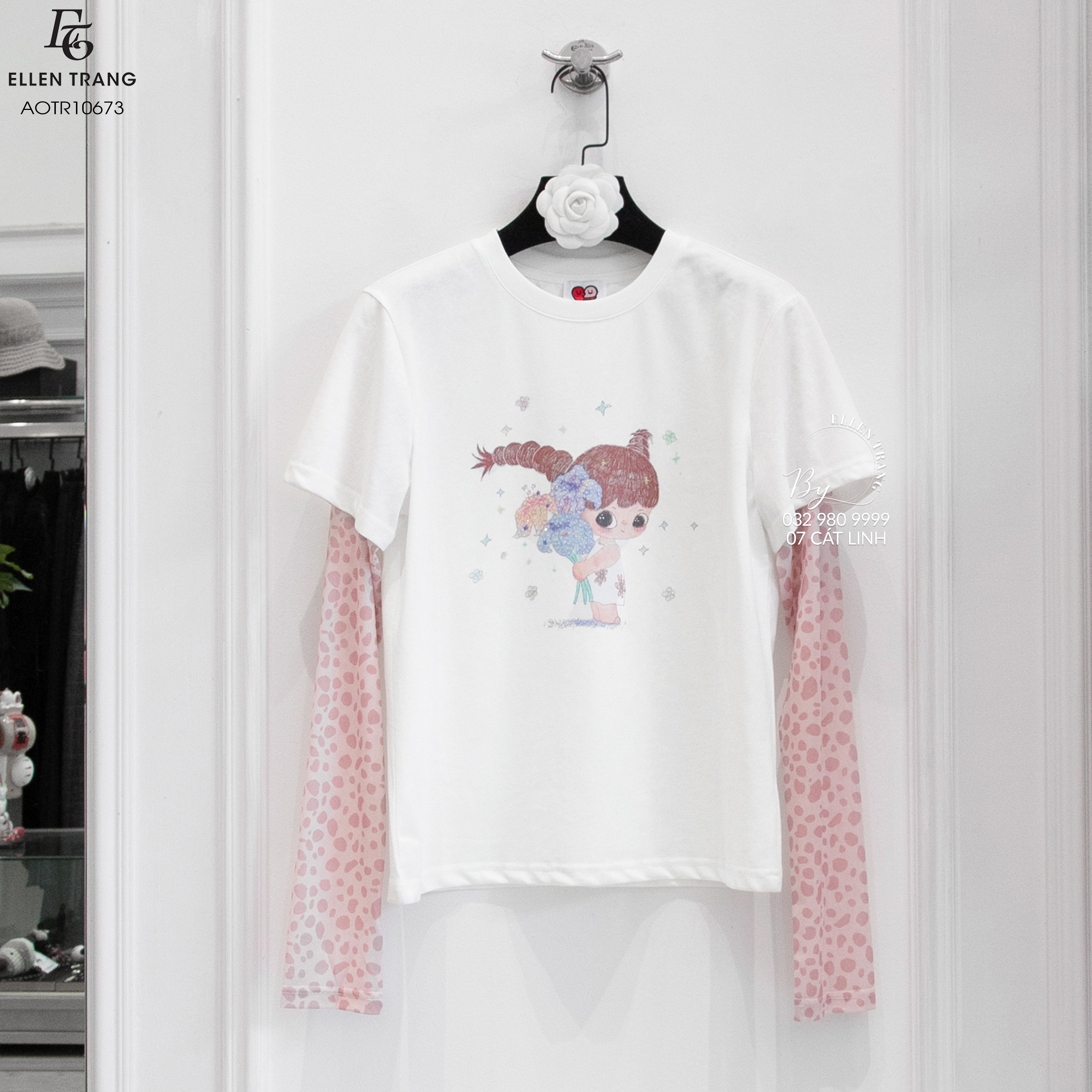 ÁO TRẮNG TAY HỒNG HÌNH CÔ GÁI