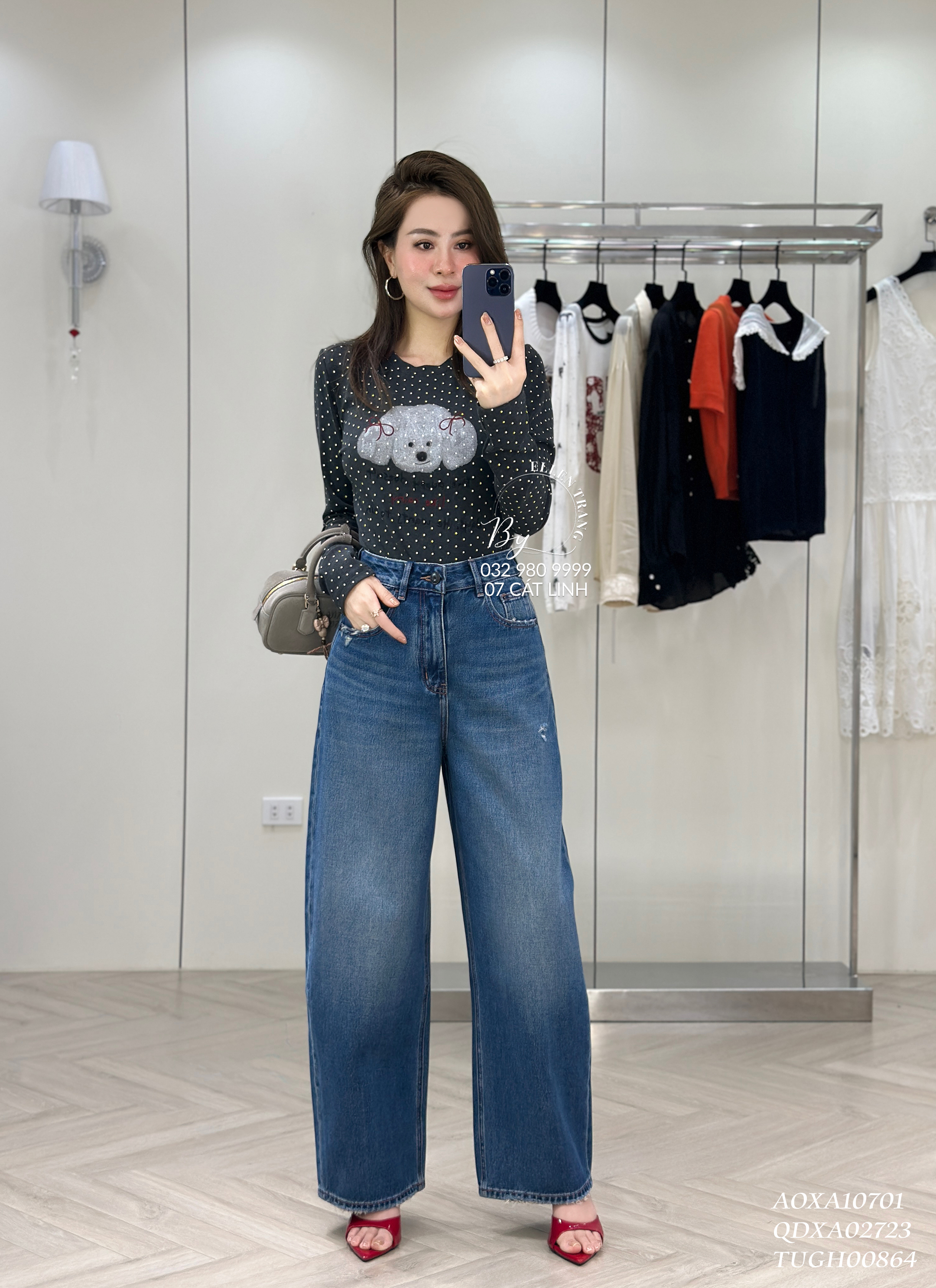ÁO XÁM CHẤM BI HÌNH CHÓ TRẮNG